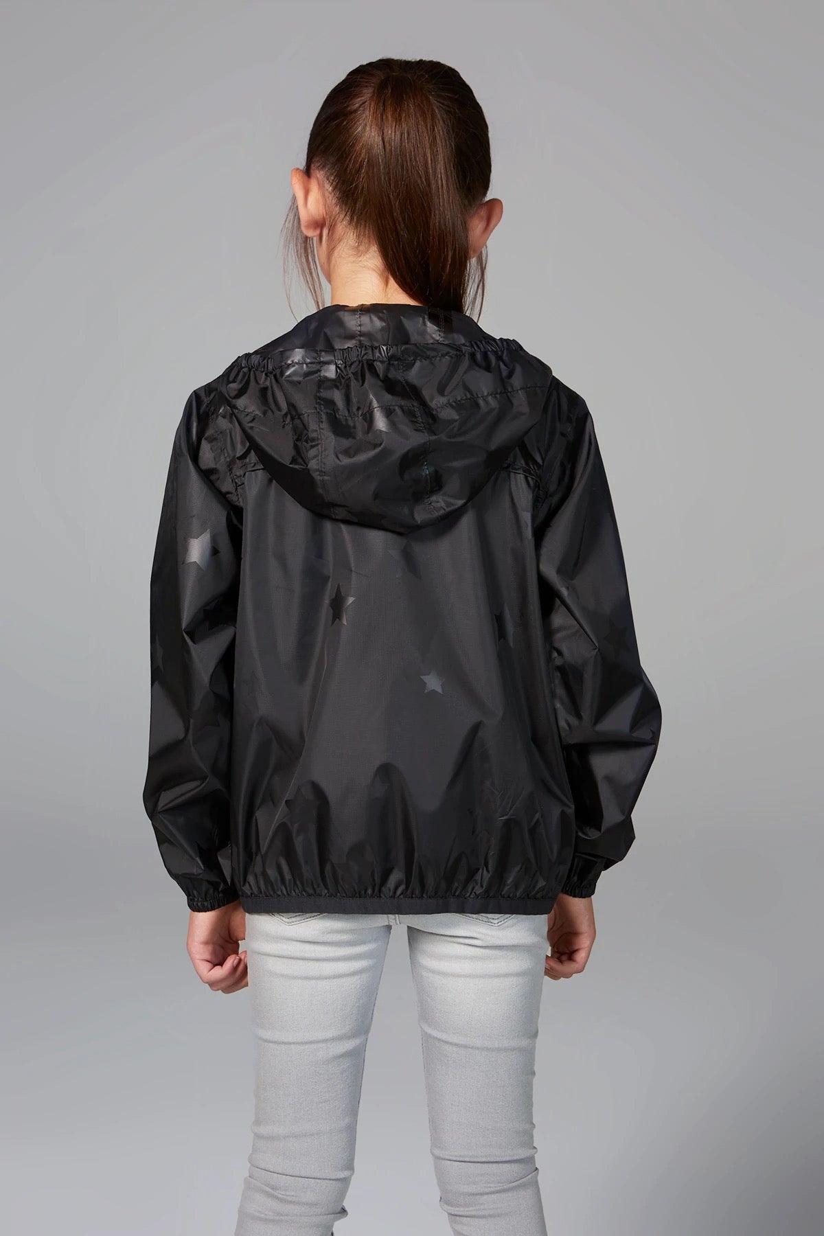 Kids black gloss stars packable rain jacket and windbreaker - O8Lifestyle