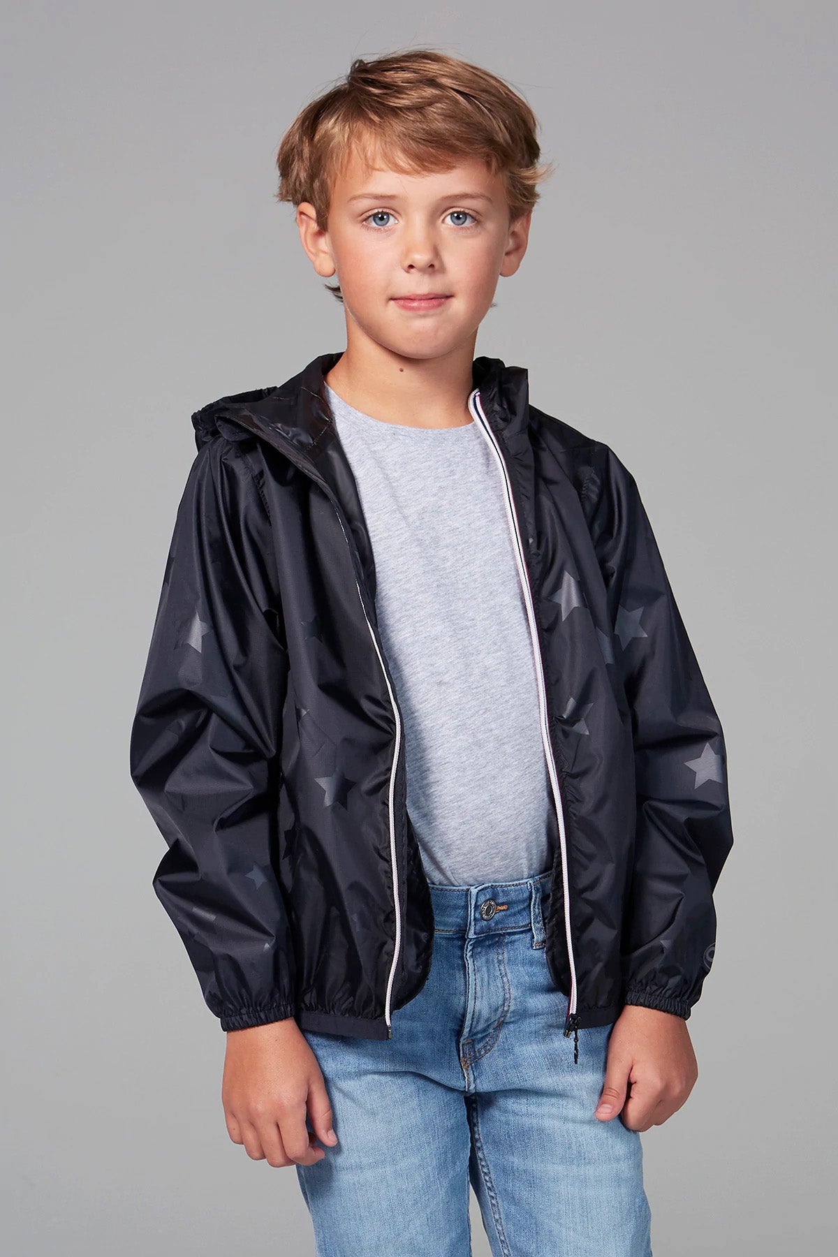 Kids black gloss stars packable rain jacket and windbreaker - O8Lifestyle