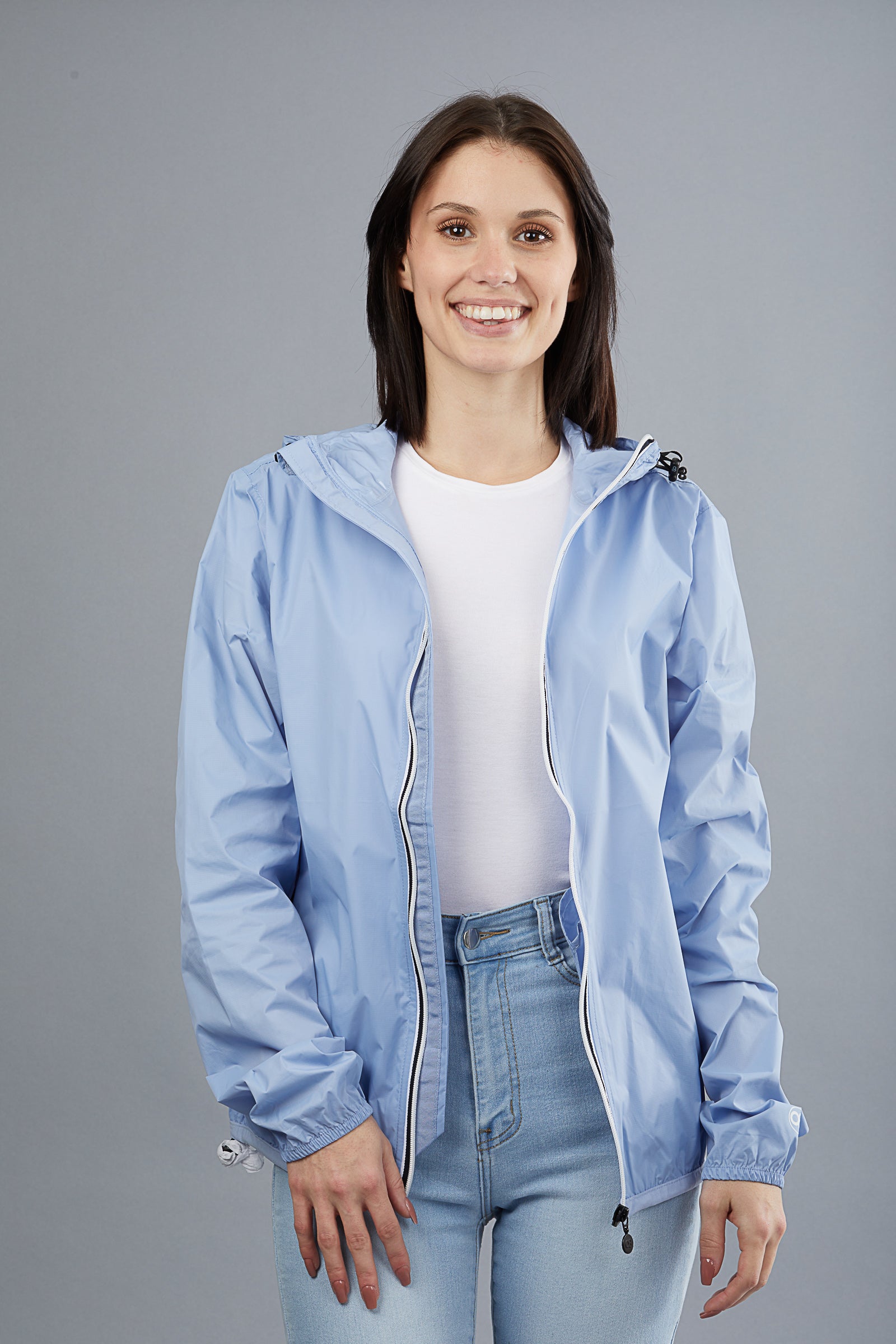 Powder blue full zip packable rain jacket and windbreaker - O8Lifestyle