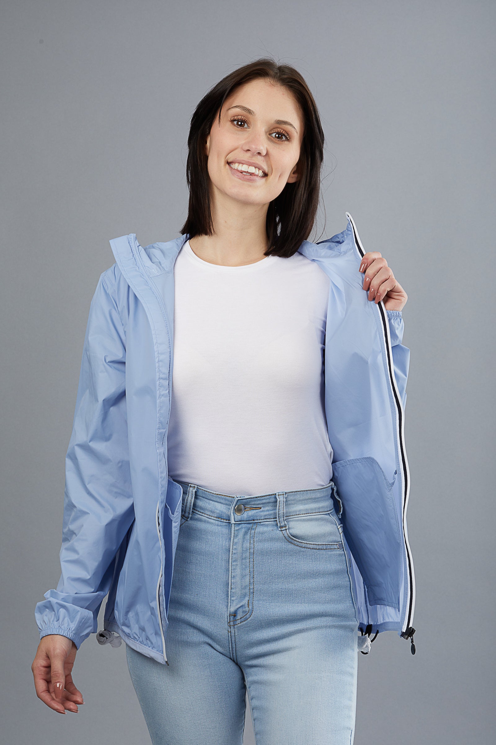 Powder blue full zip packable rain jacket and windbreaker - O8Lifestyle