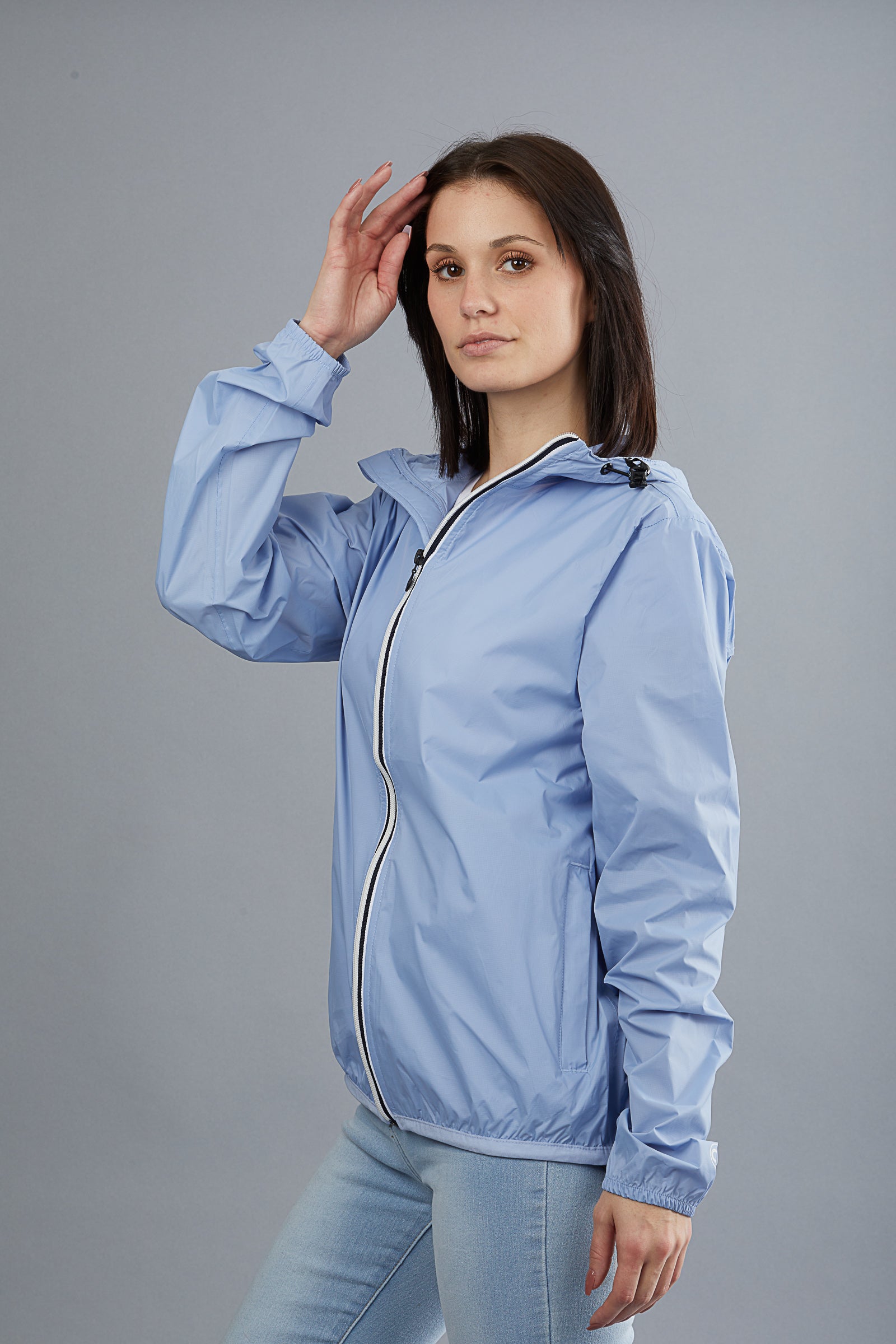 Powder blue full zip packable rain jacket and windbreaker - O8Lifestyle