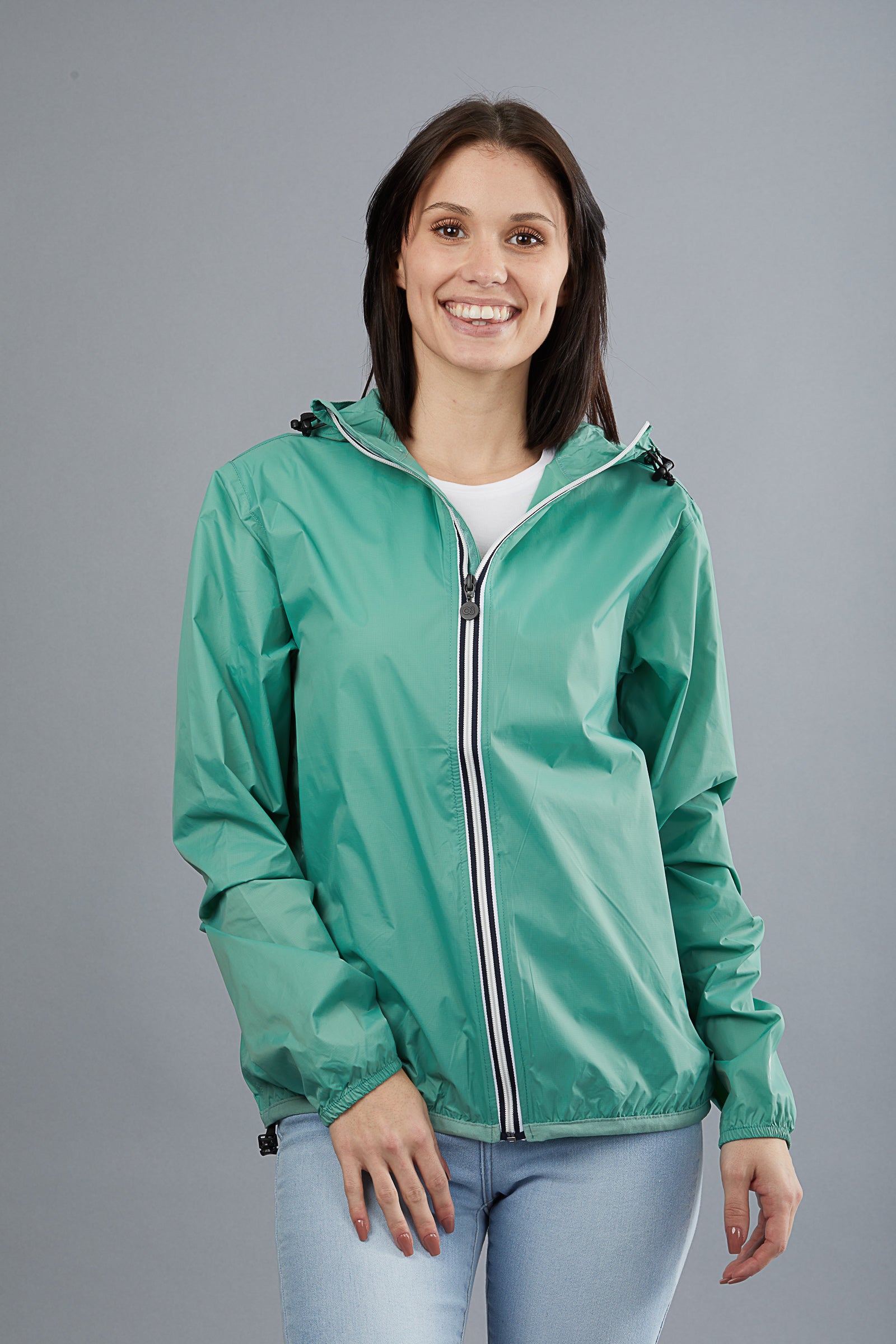 Moss green full zip packable Rain jacket and windbreaker