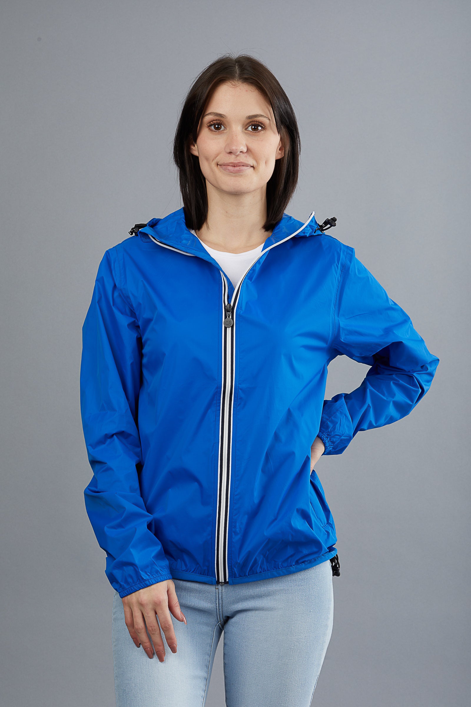 Royal blue full zip packable rain jacket and windbreaker