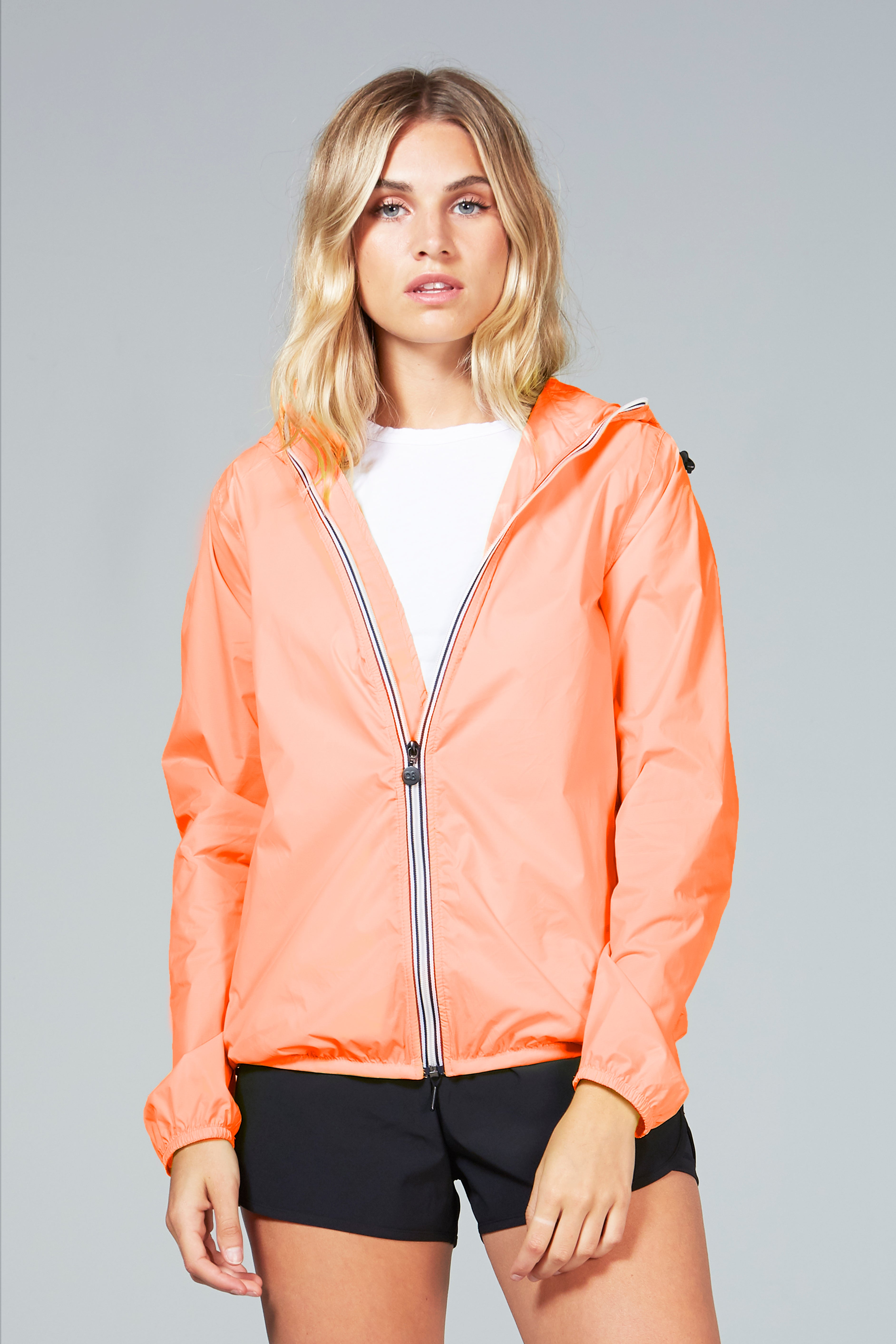 Women's orange fluo full zip packable rain jacket and windbreaker - O8Lifestyle
