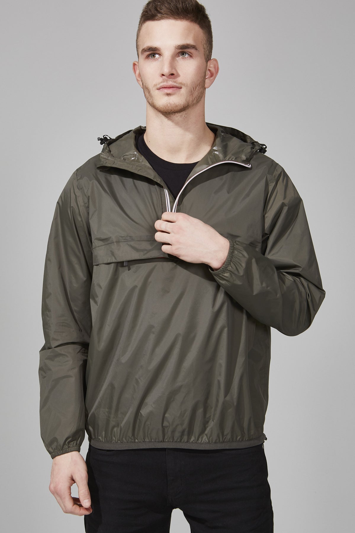 Quarter zip rain store jacket with hood