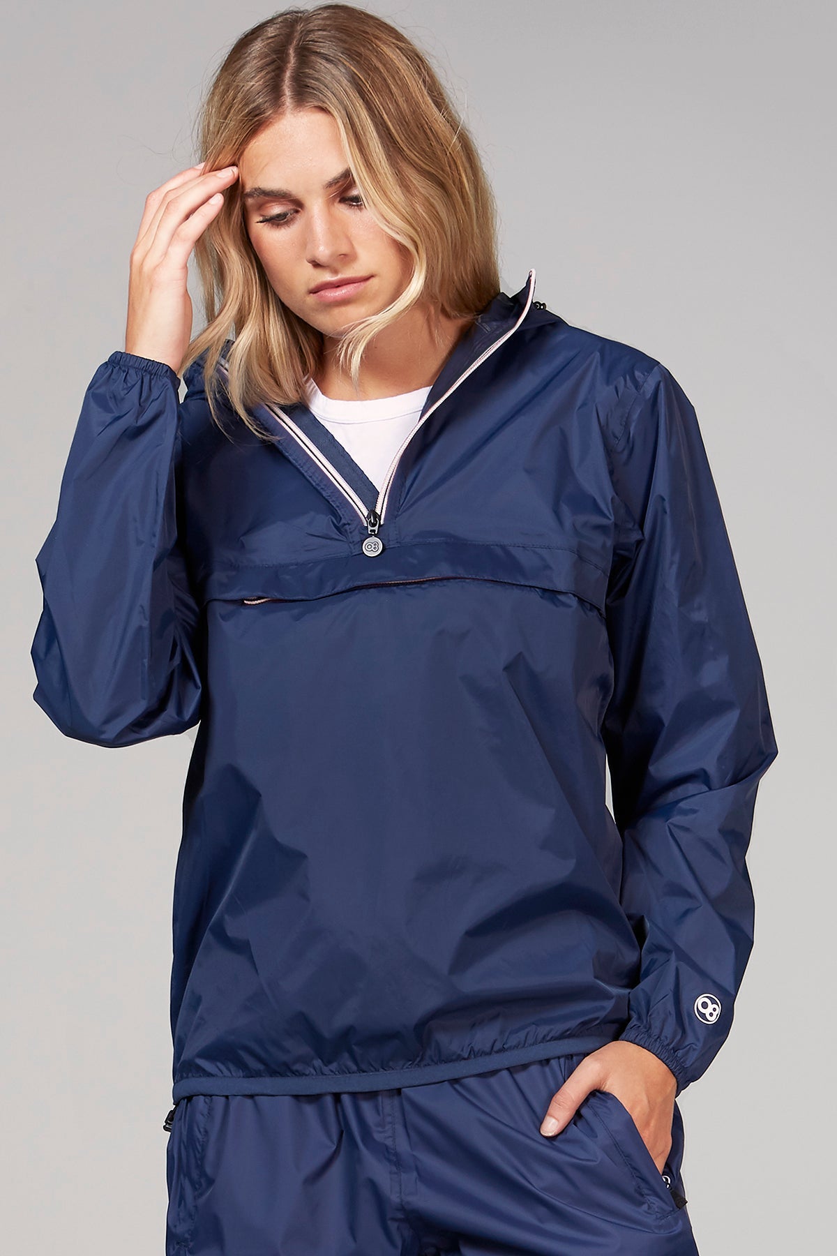 Navy women's quarter zip packable rain jacket and windbreaker - O8Lifestyle