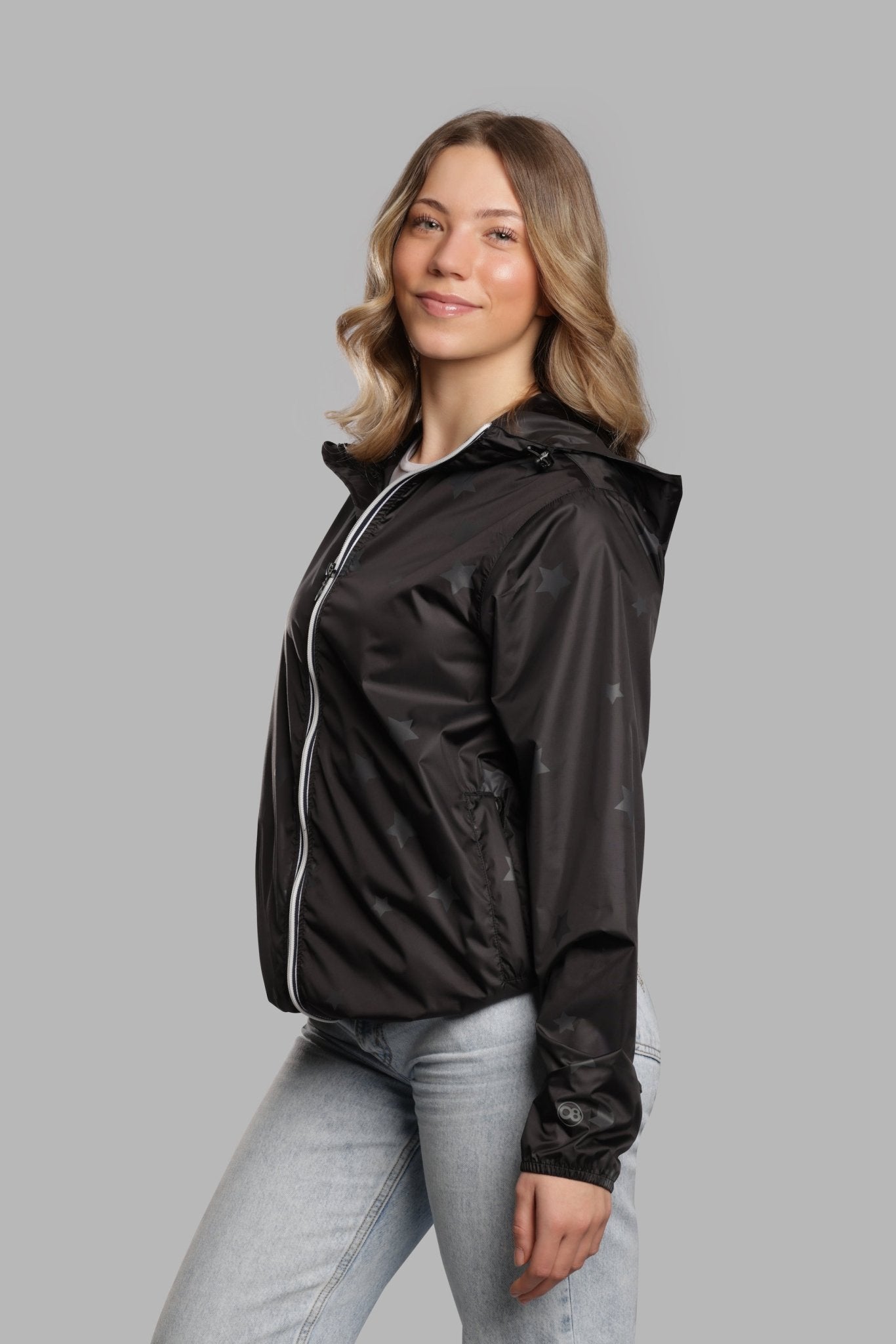 Women's gloss stars black full zip packable rain jacket and windbreaker - O8Lifestyle