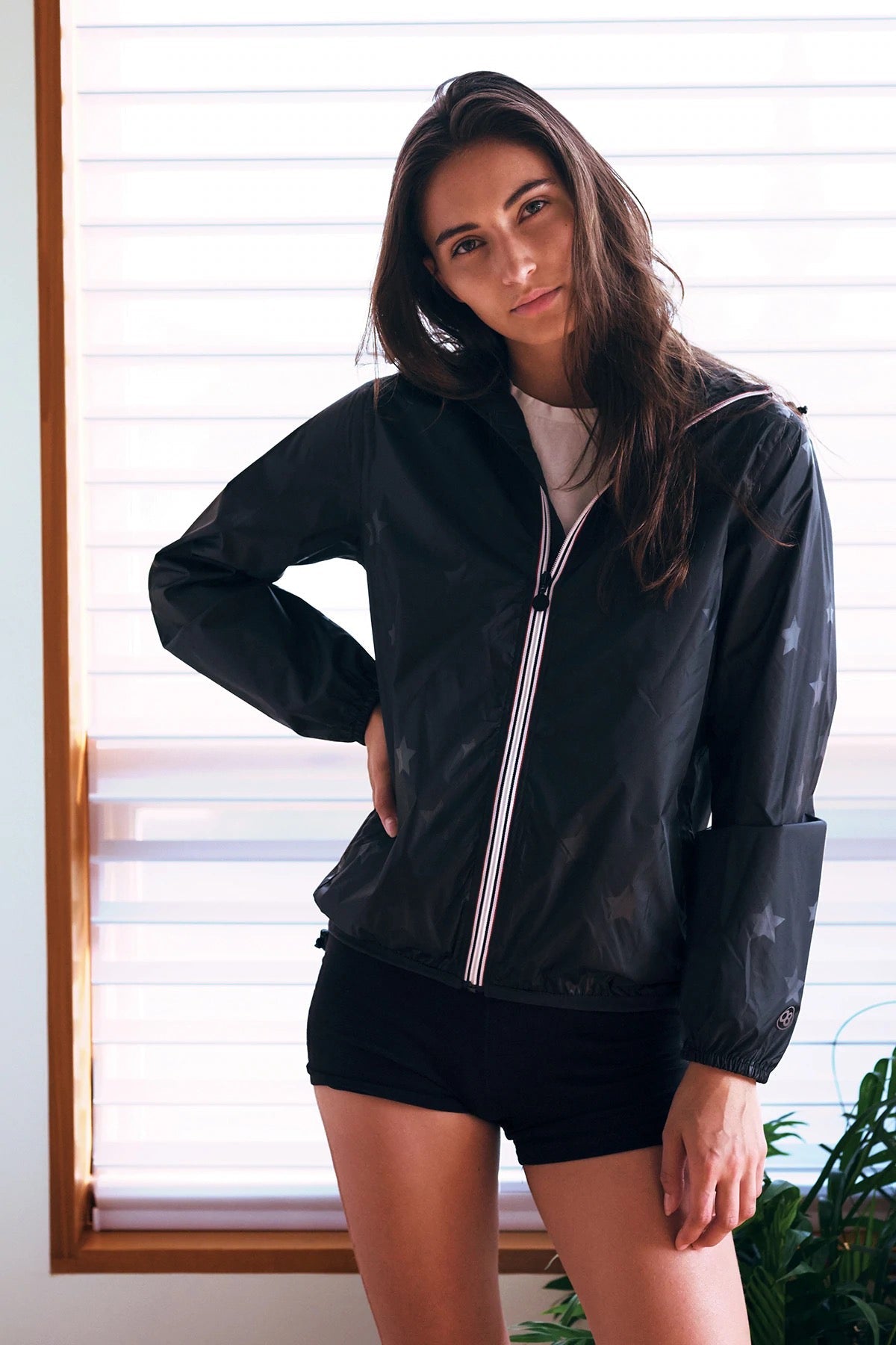 Women's gloss stars black full zip packable rain jacket and windbreaker - O8Lifestyle