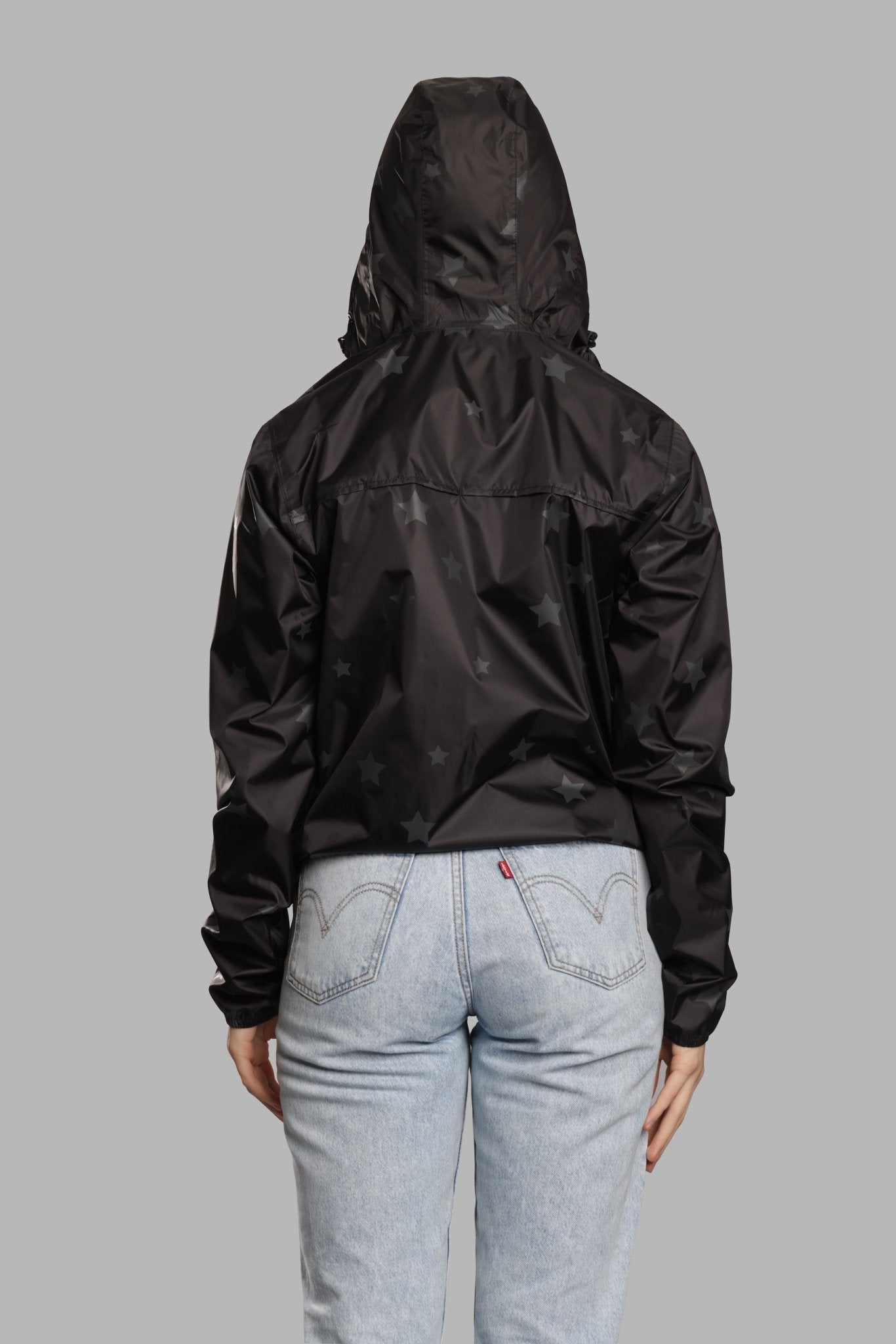 Women's gloss stars black full zip packable rain jacket and windbreaker - O8Lifestyle