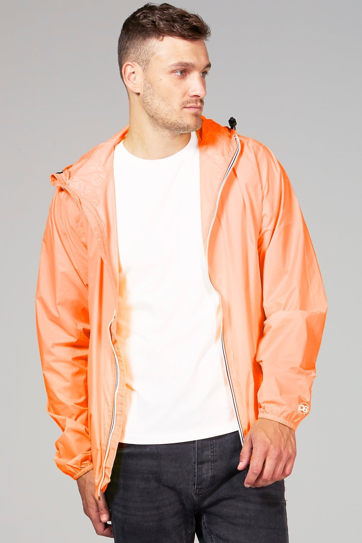 Women's orange fluo full zip packable rain jacket and windbreaker - O8Lifestyle
