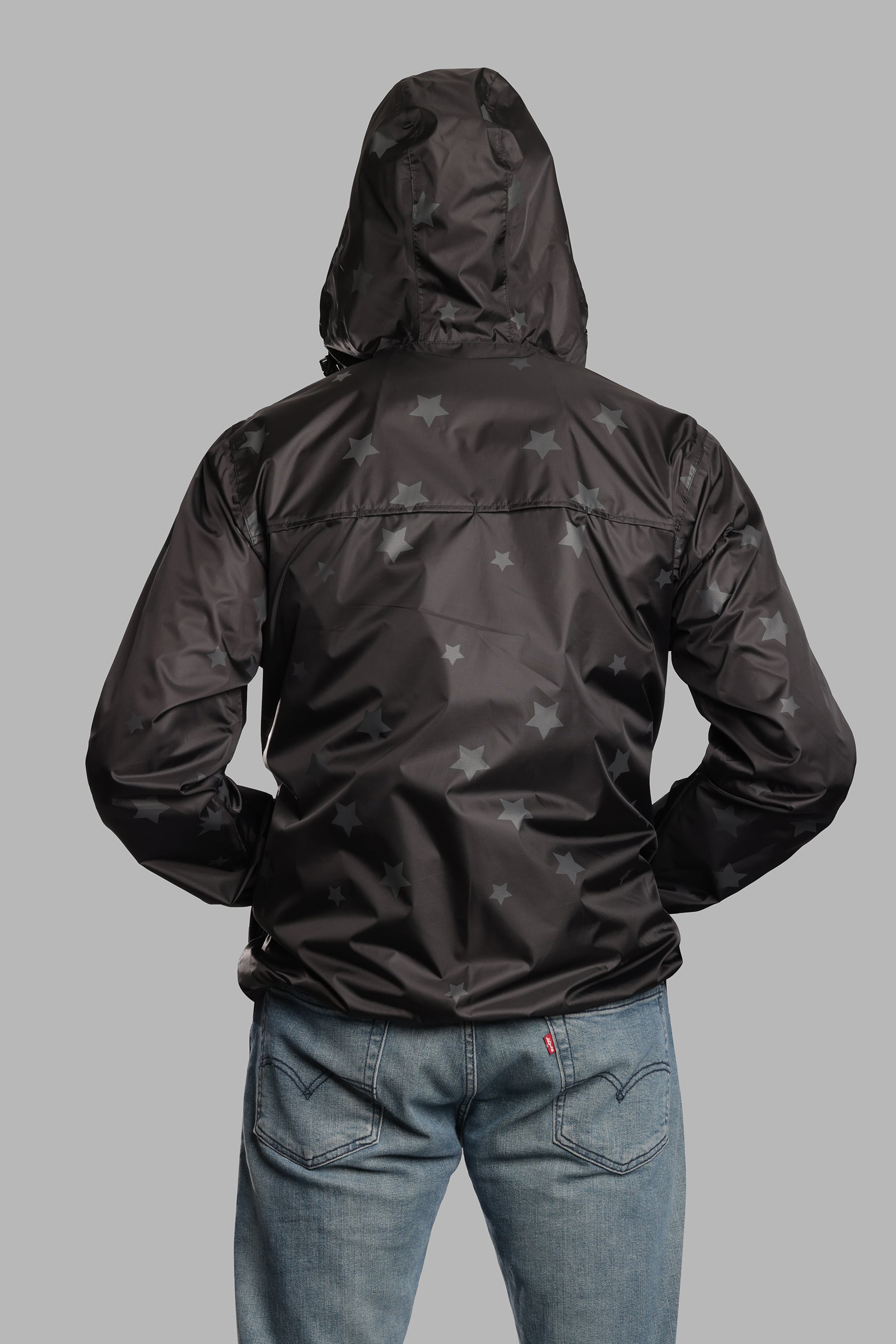 men gloss stars black full zip packable rain jacket - O8Lifestyle