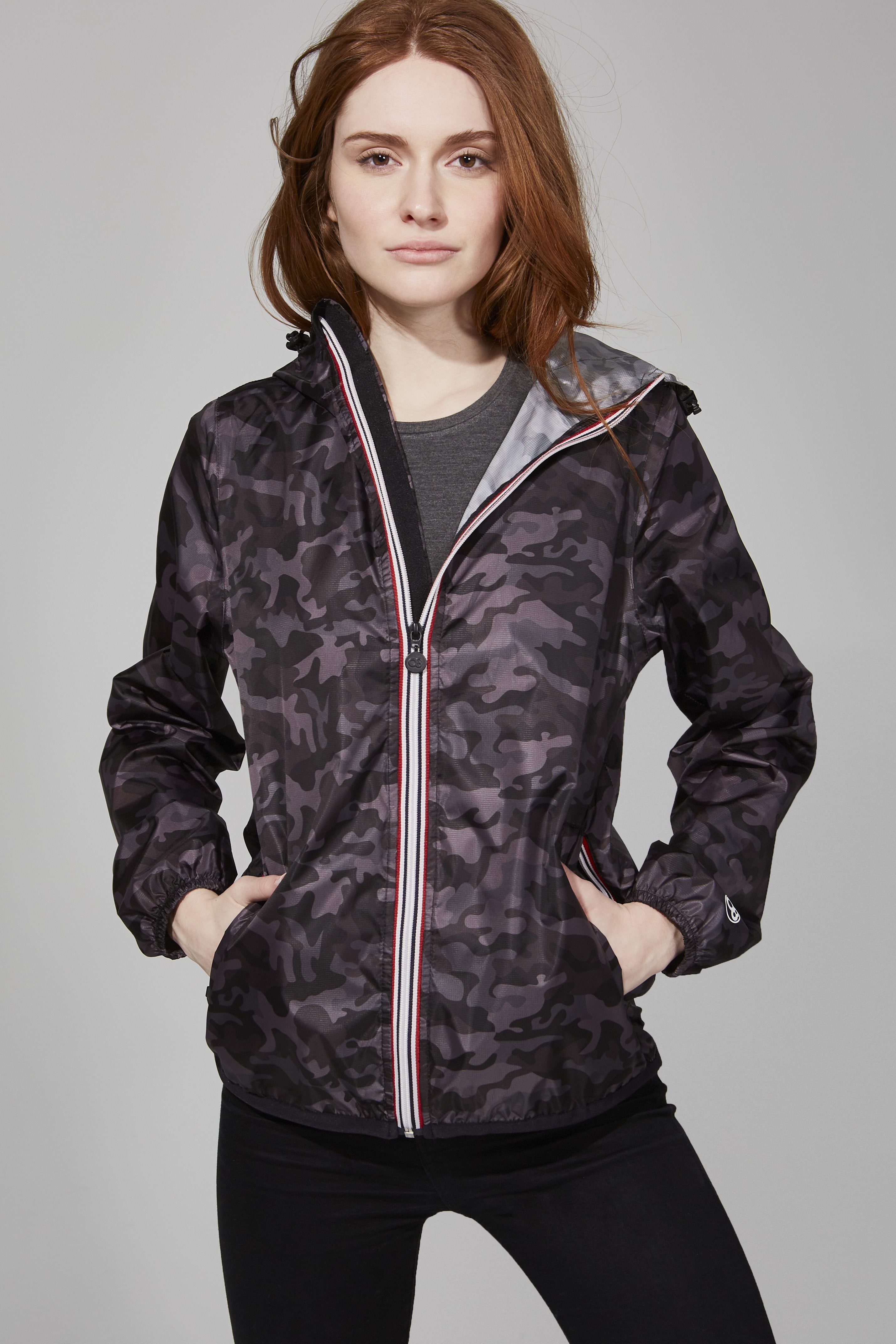 Sloane Print - Black Camo Full Zip Packable Rain Jacket - O8lifestyle.