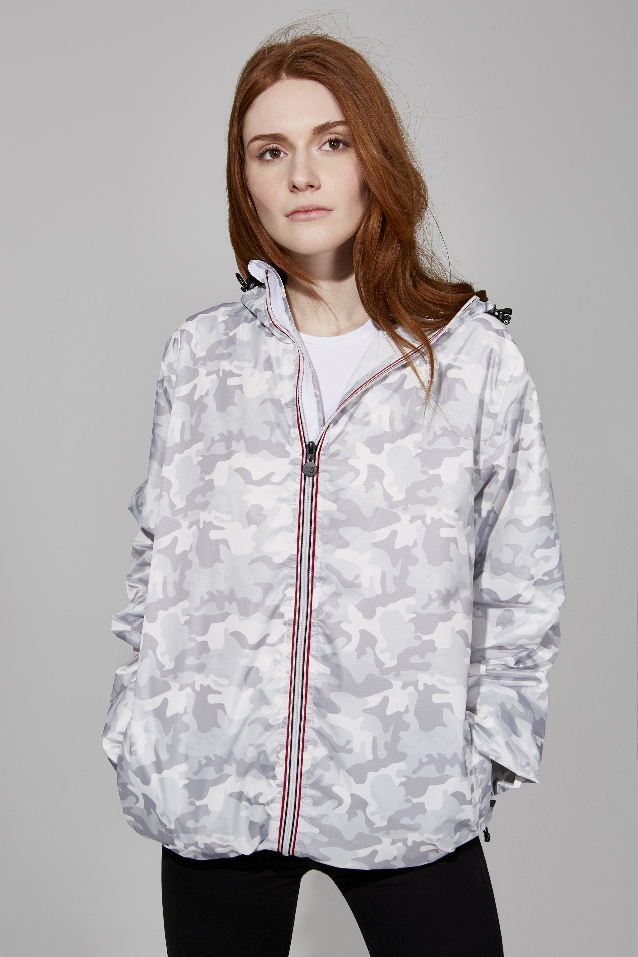 Women packable rain jacket and windbreaker in white camo