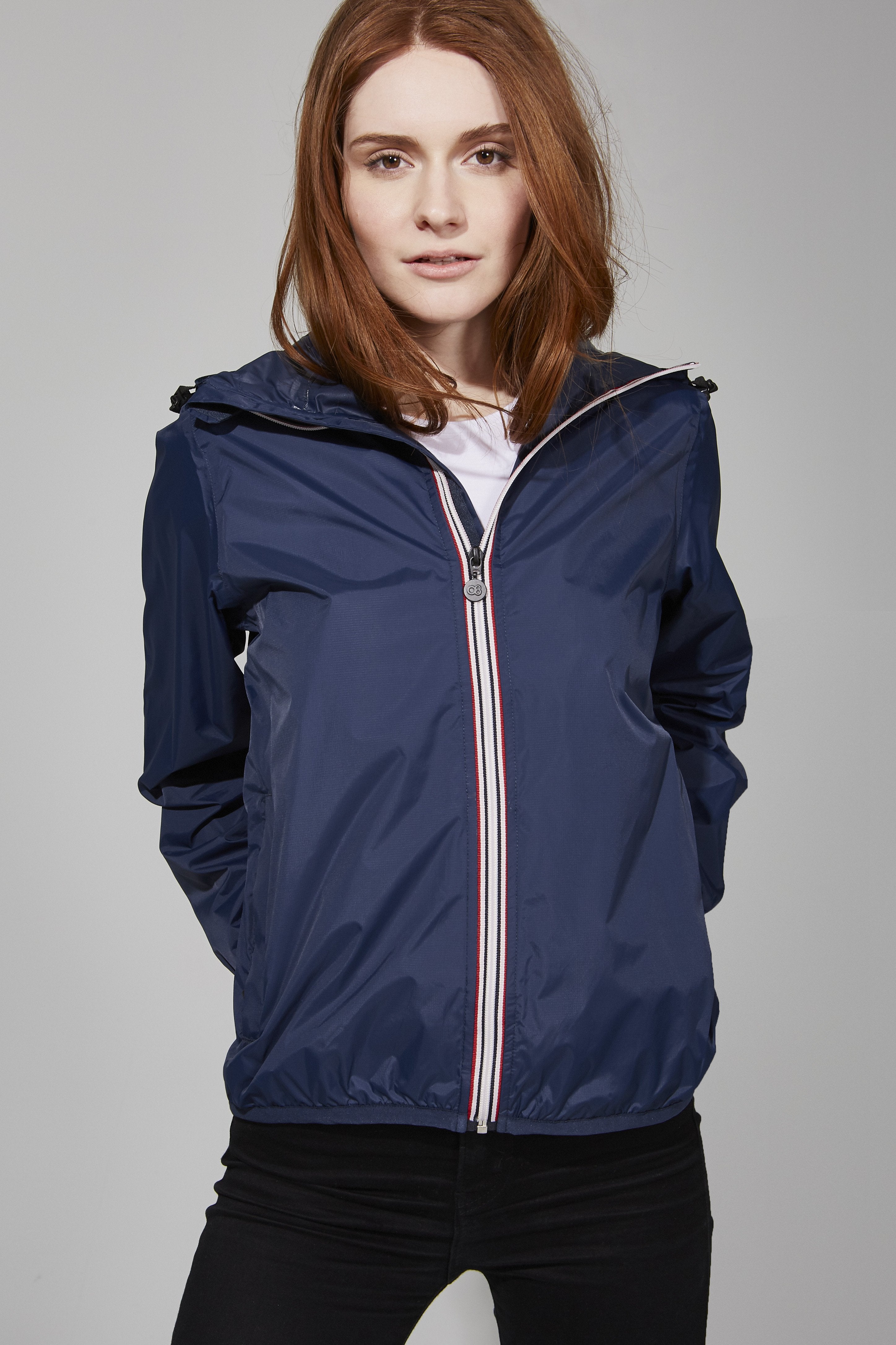 Sloane - Navy Full Zip Packable Rain Jacket - O8lifestyle.