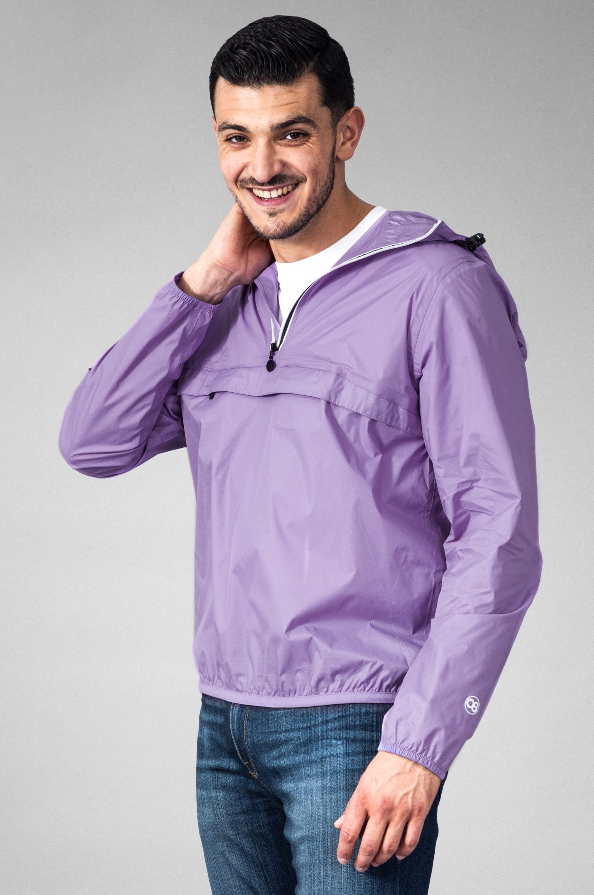 Light purple quarter zip packable rain jacket and windbreaker