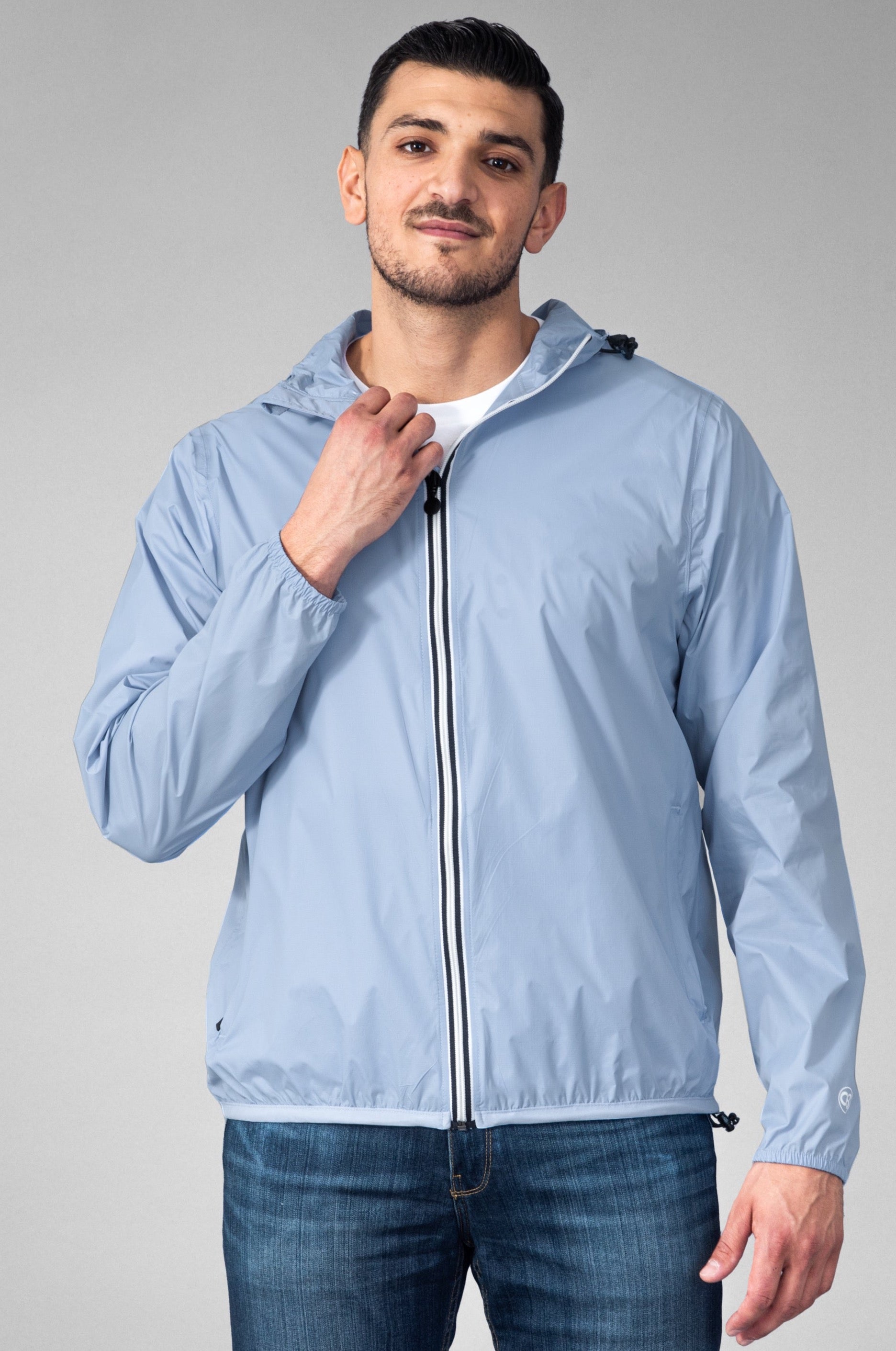 Powder blue full zip packable rain jacket and windbreaker - O8Lifestyle