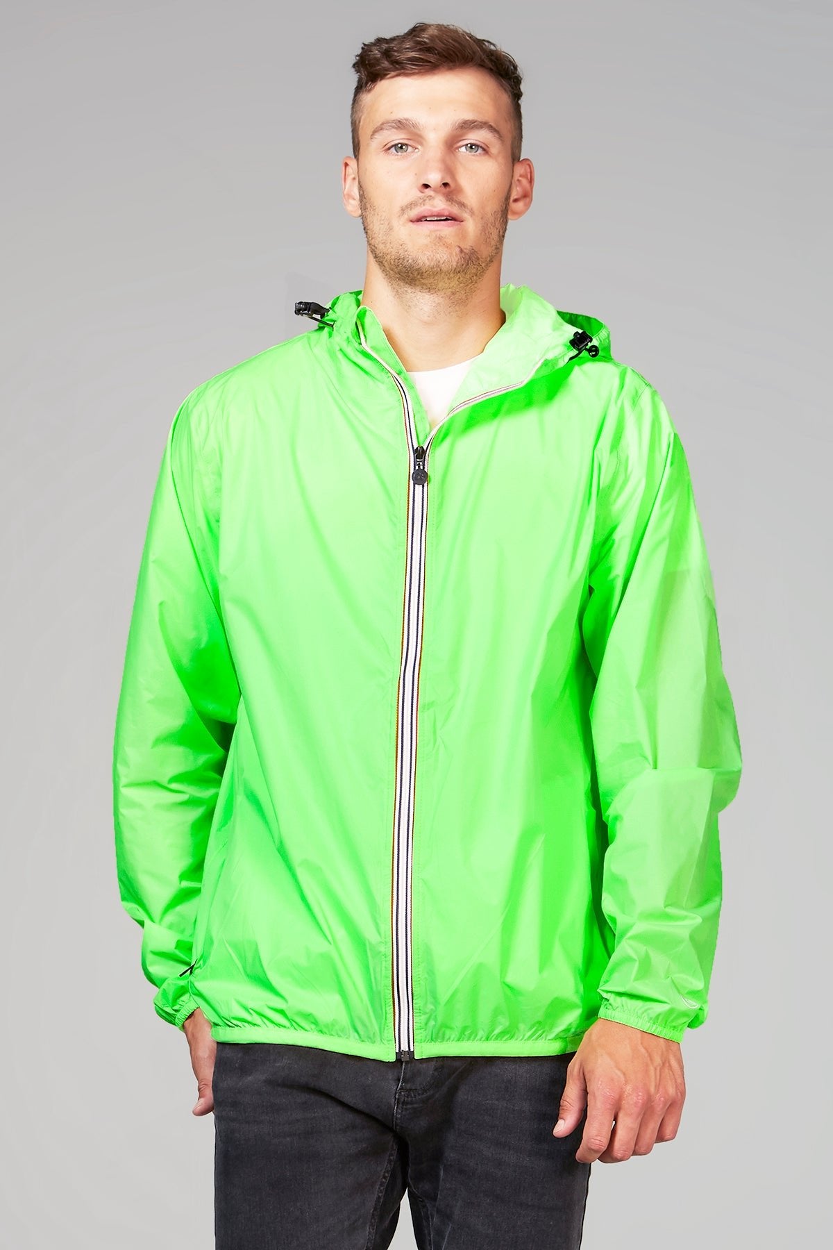 Green fluo full zip packable rain jacket and windbreaker - O8Lifestyle