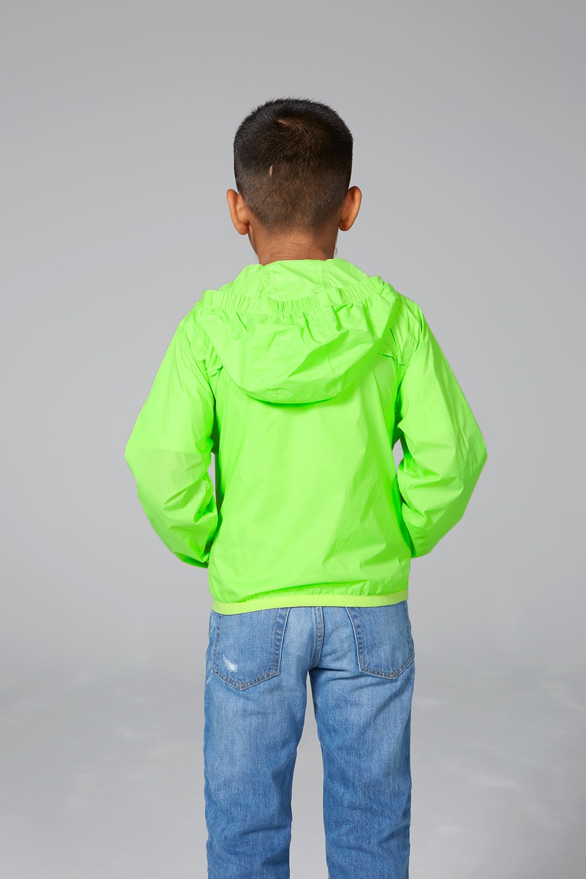 Kids green fluo full zip packable rain jacket and windbreaker - O8Lifestyle