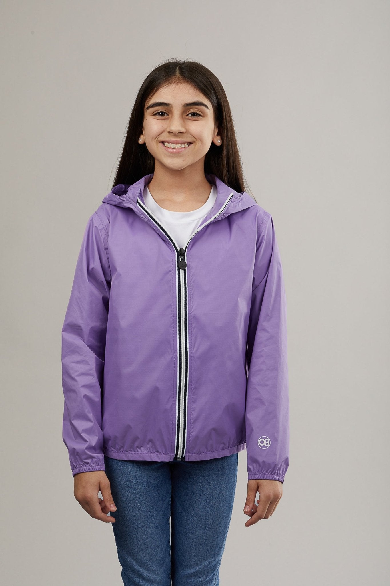 Kids light purple full zip packable rain jacket and windbreaker - O8Lifestyle