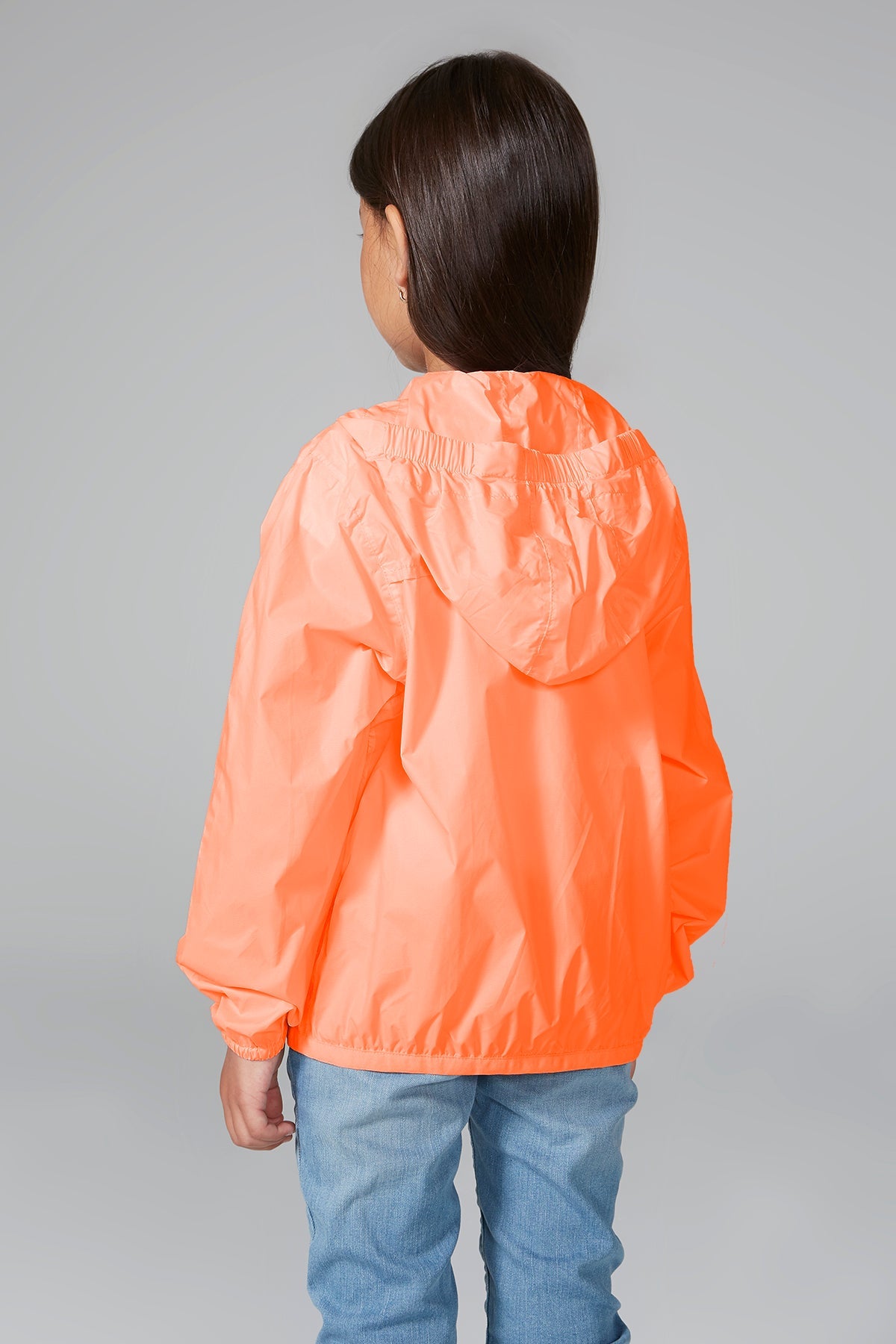 Kids orange fluo full zip packable rain jacket and windbreaker - O8Lifestyle
