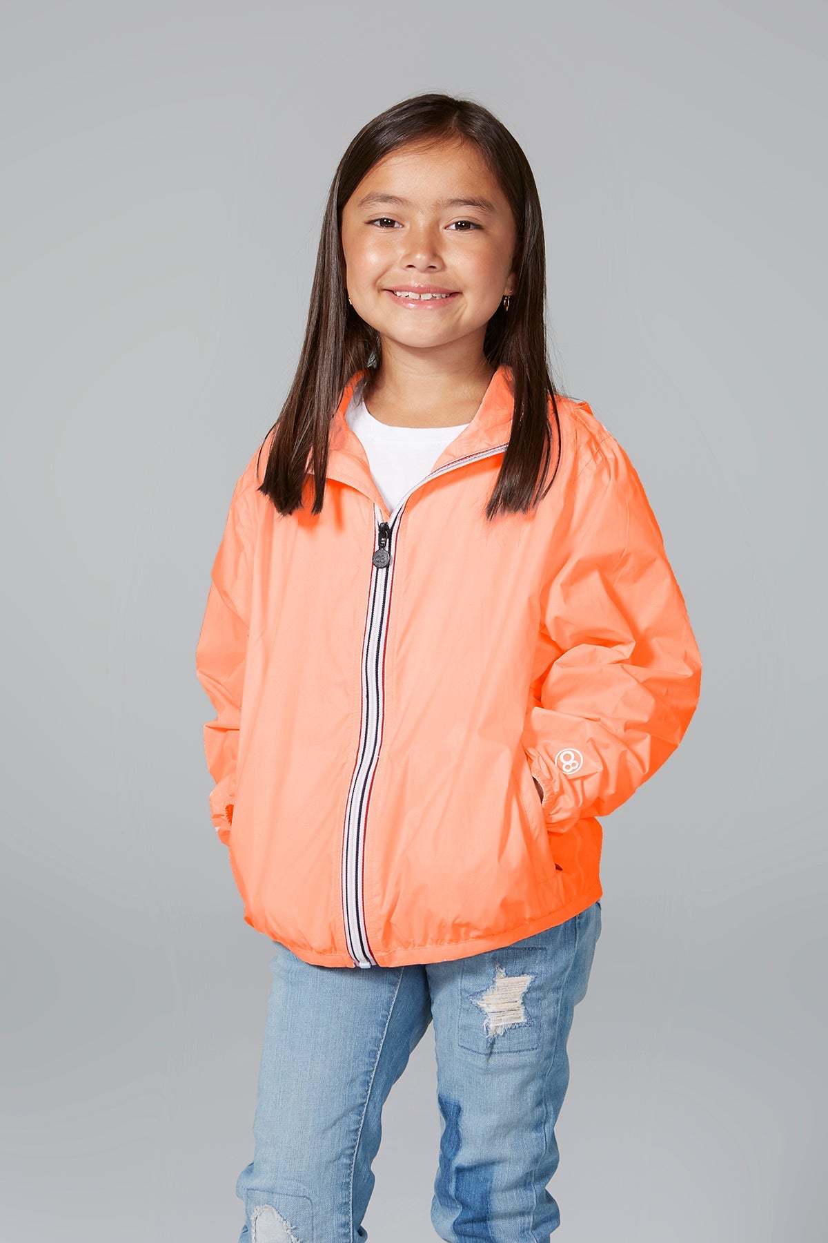 Kids orange fluo full zip packable rain jacket and windbreaker - O8Lifestyle