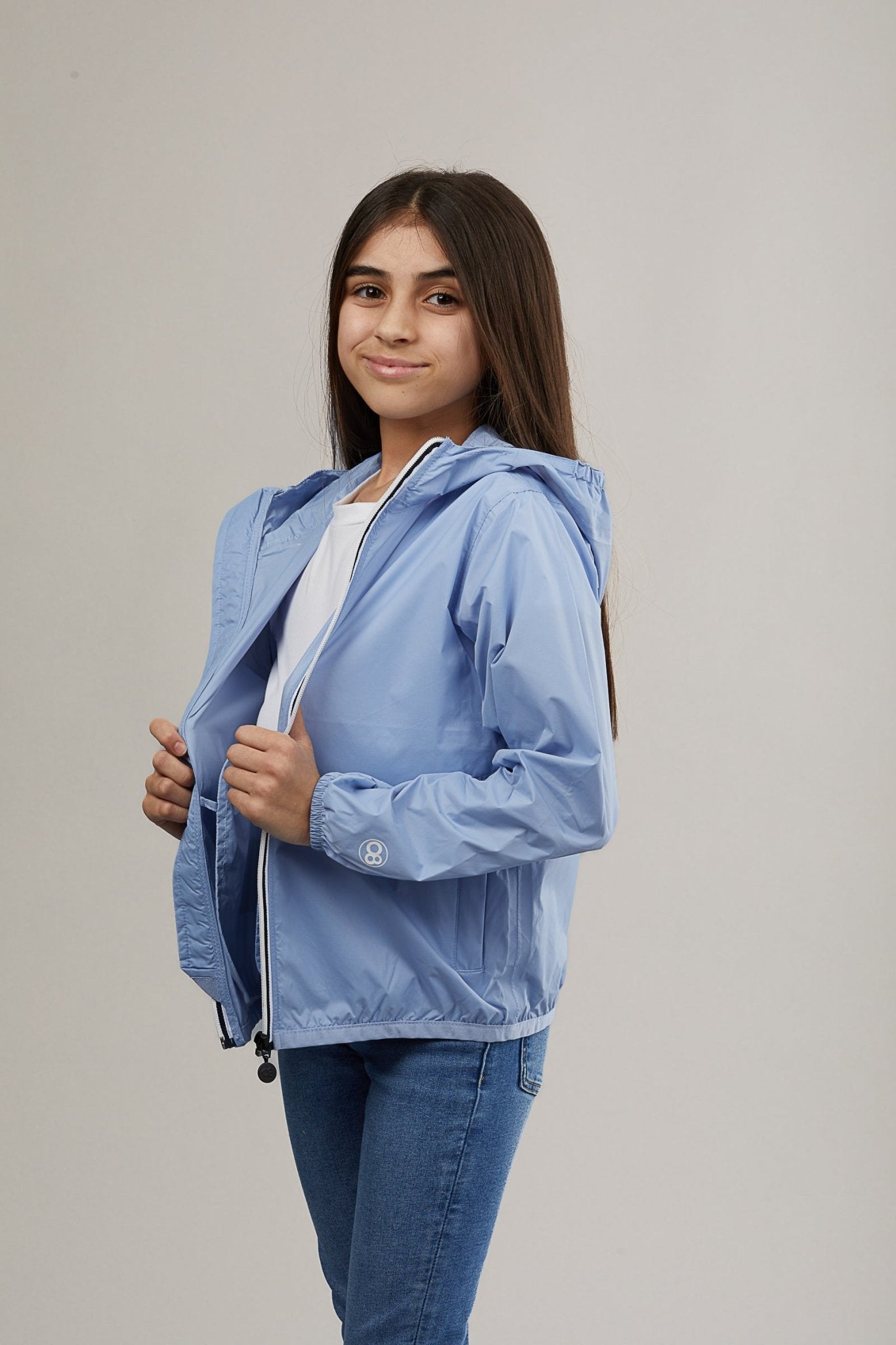 Kids powder blue full zip packable rain jacket and windbreaker - O8Lifestyle