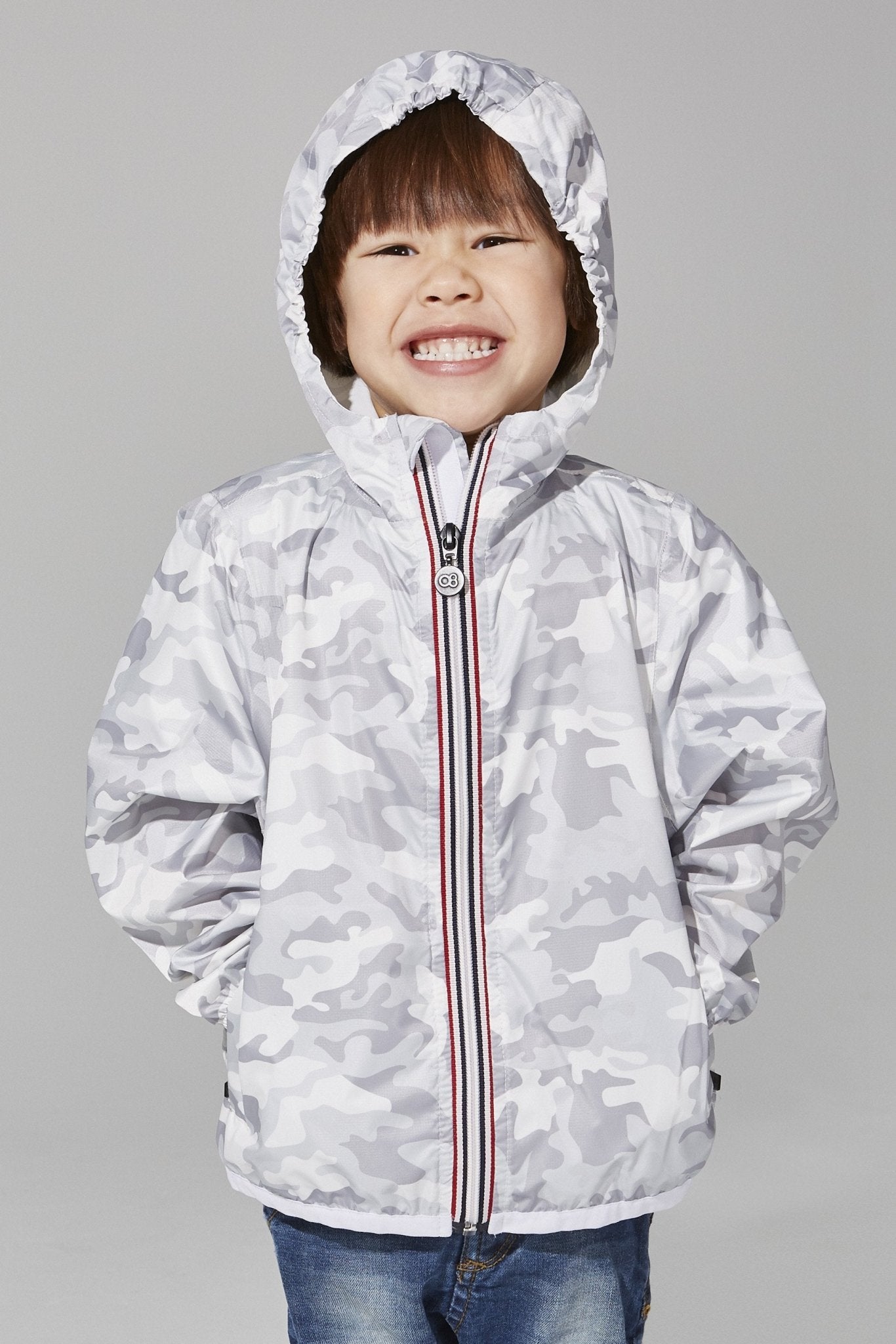 Kids white camo full zip light packable rain jacket and windbreaker - O8Lifestyle