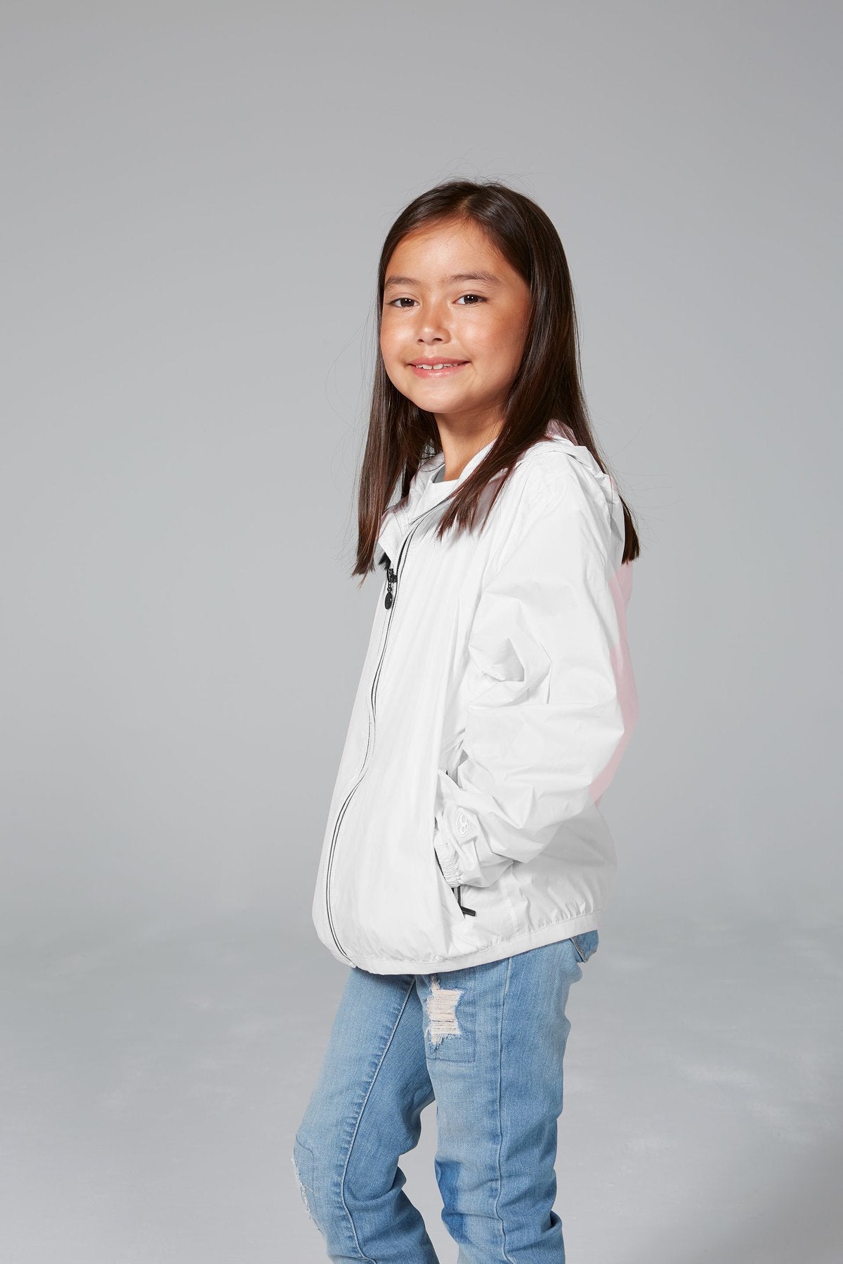 Kids white full zip packable rain jacket and windbreaker - O8Lifestyle
