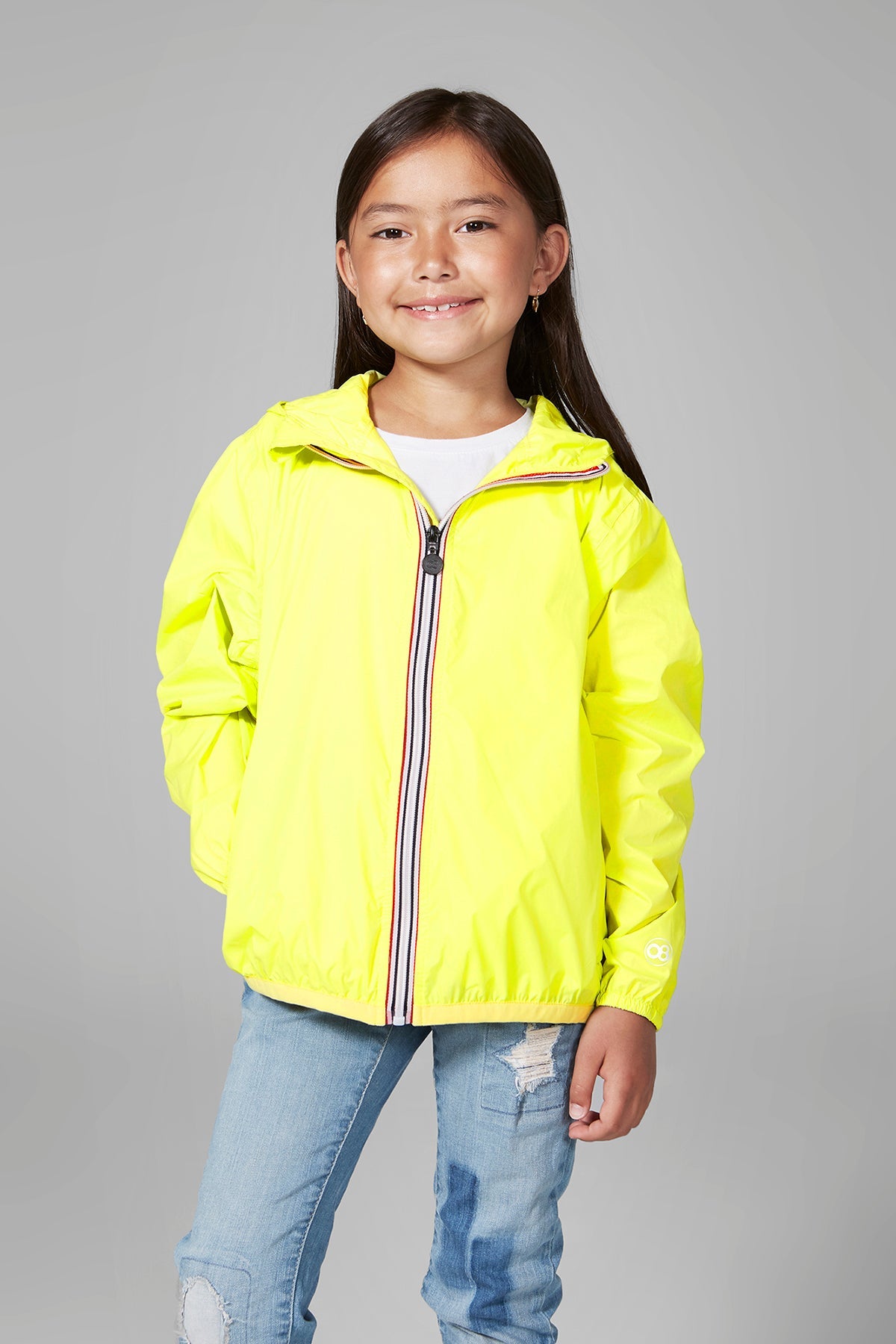 Kids yellow fluo full zip packable rain jacket and windbreaker - O8Lifestyle
