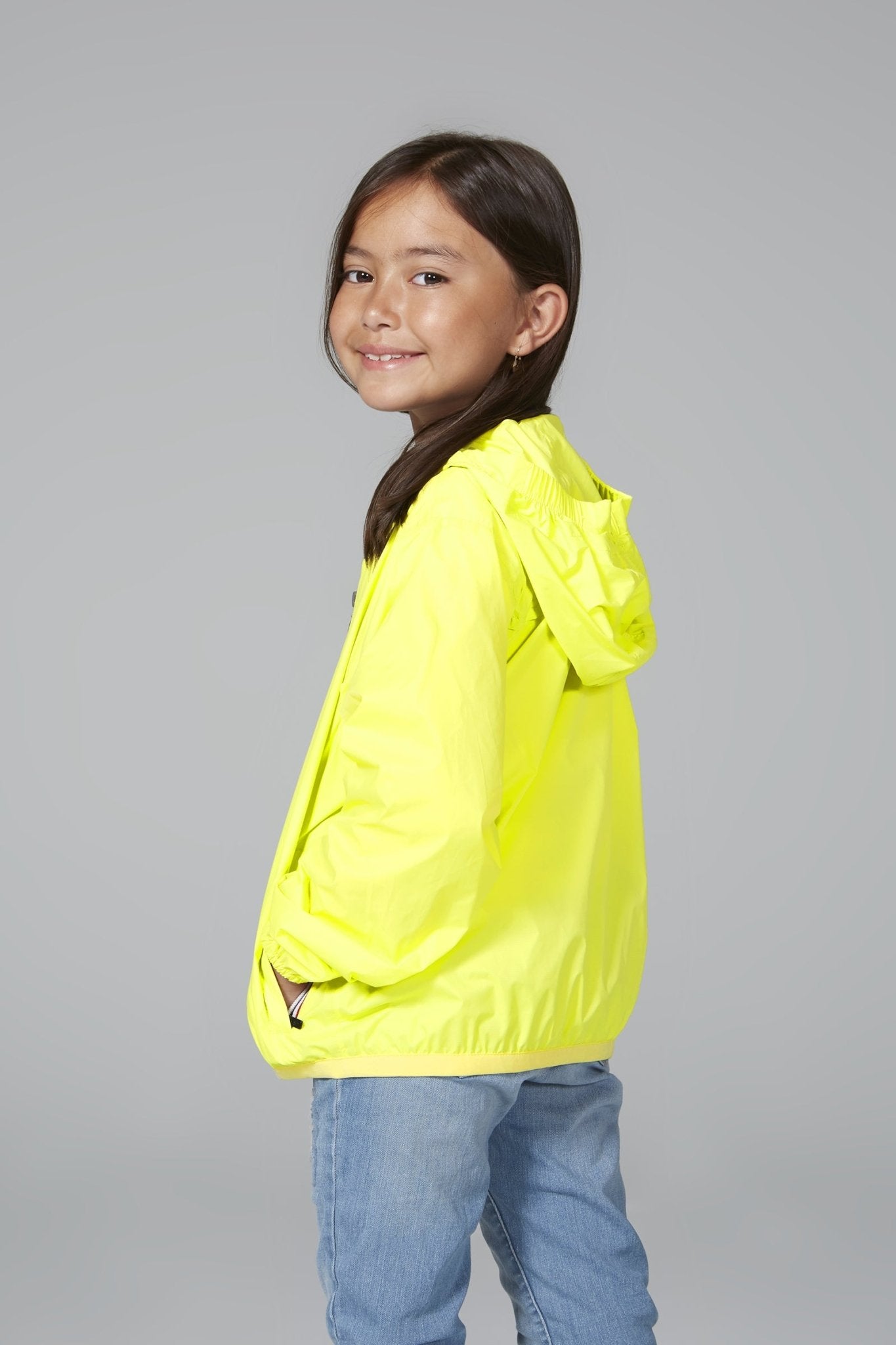 Kids yellow fluo full zip packable rain jacket and windbreaker - O8Lifestyle