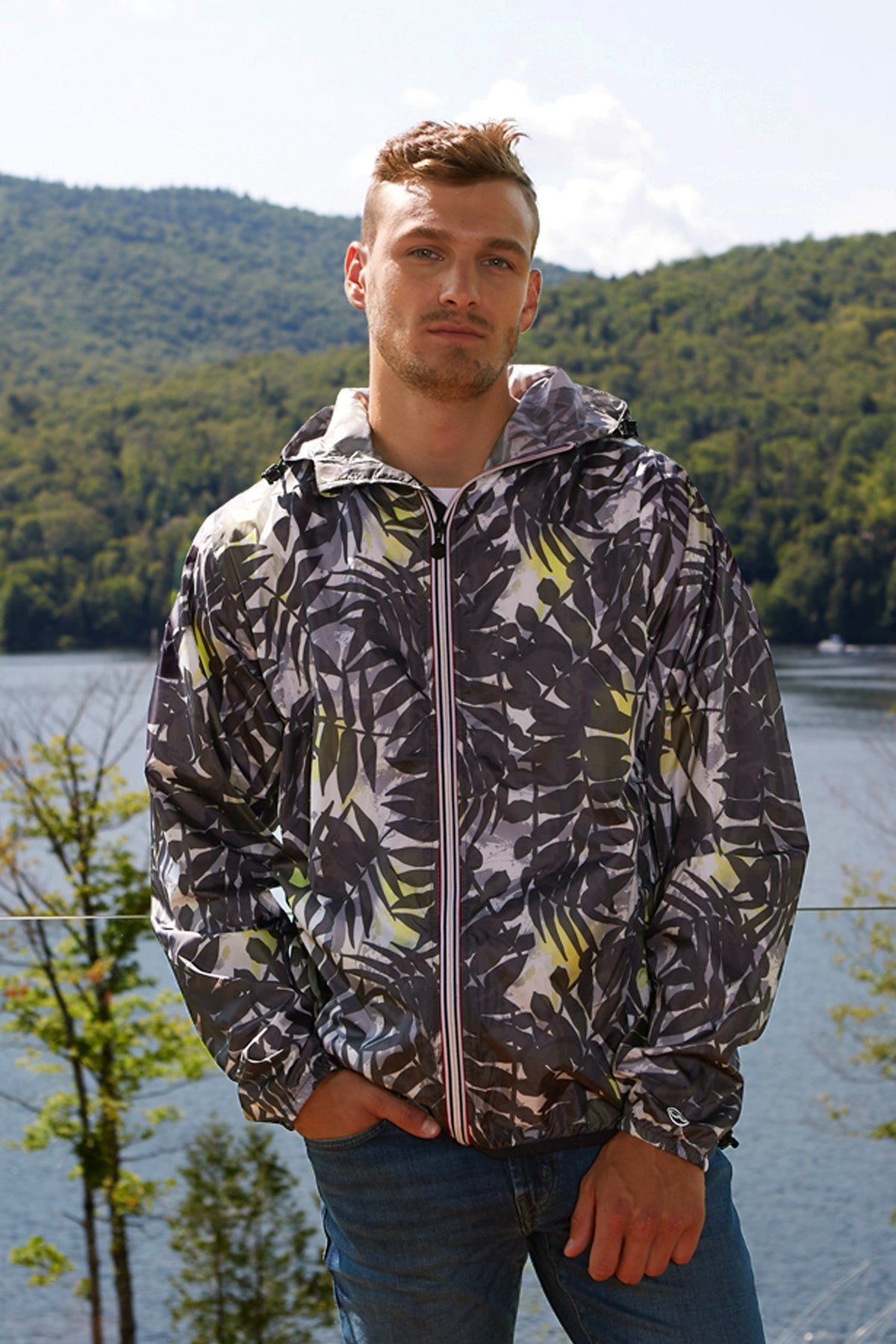 Men's palm print full zip packable rain jacket and windbreaker - O8Lifestyle