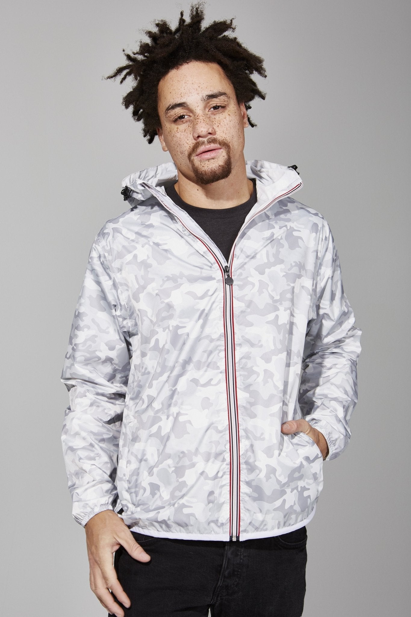 White camo full zip packable rain jacket and windbreaker - O8Lifestyle
