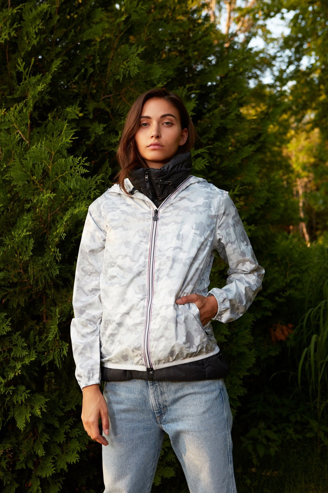 White Camo Full Zip packable rain jacket and windbreaker - O8Lifestyle