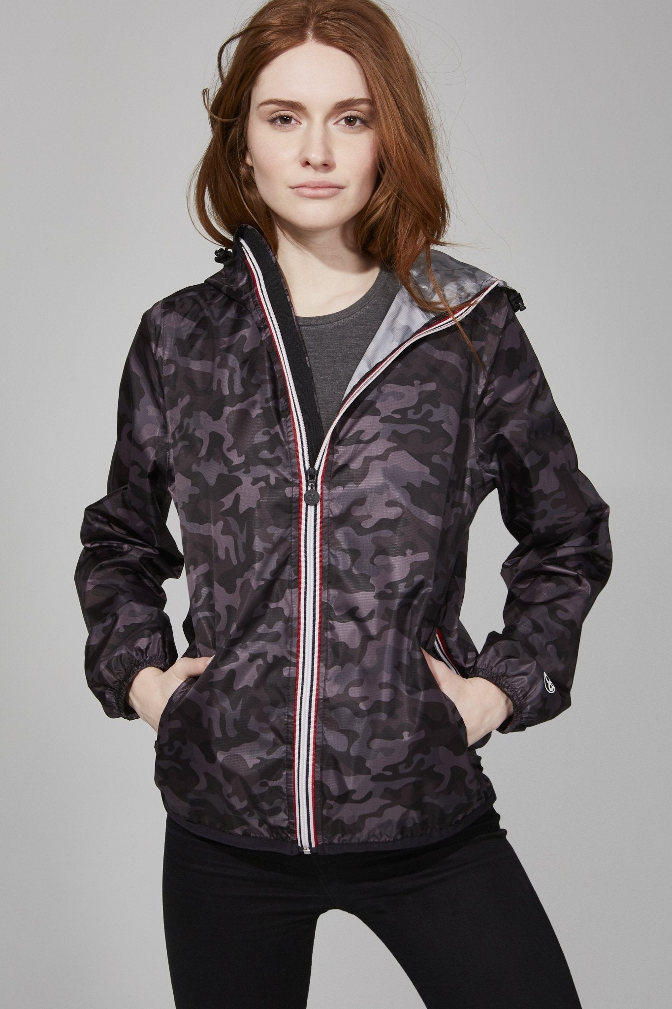 Women's black Camo Full Zip Packable Rain Jacket and windbreaker - O8Lifestyle
