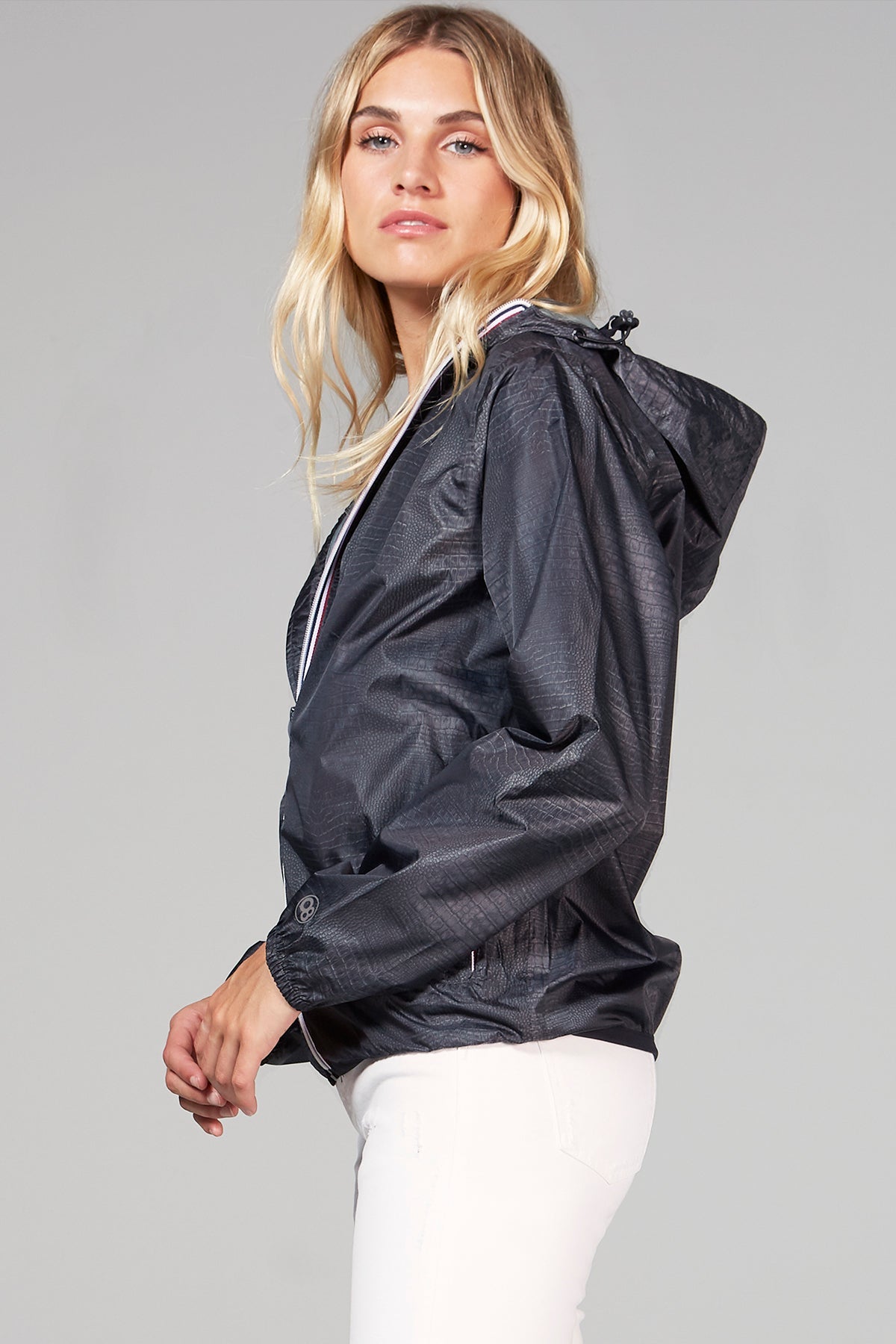 Women's black crocodile full zip packable rain jacket and windbreaker - O8Lifestyle
