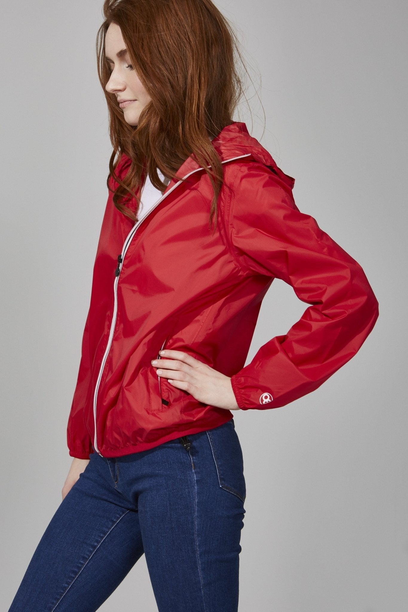 Women's Red full zip packable rain jacket and windbreaker - O8Lifestyle