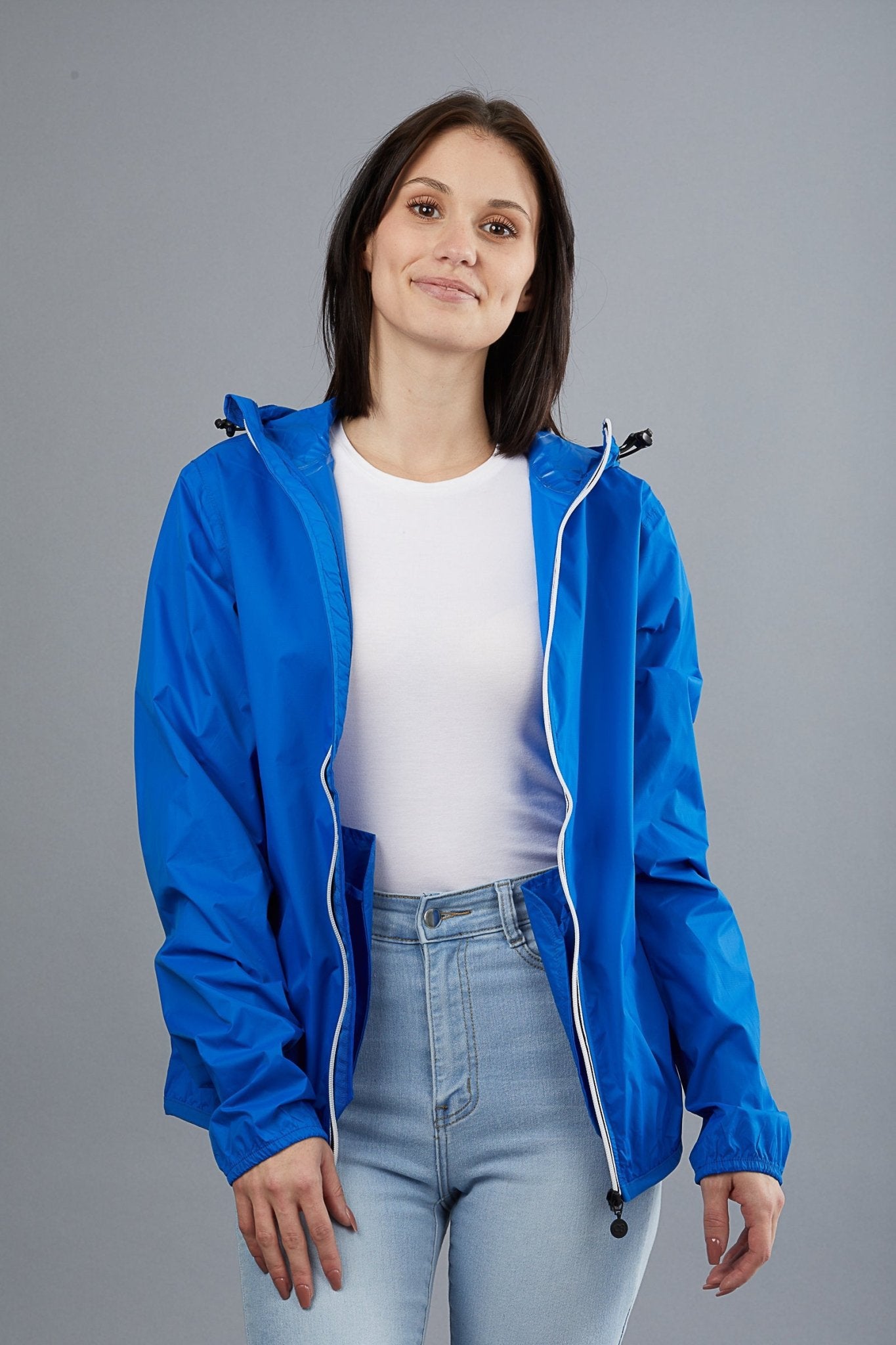 Women's royal blue full zip packable rain jacket and windbreaker - O8Lifestyle