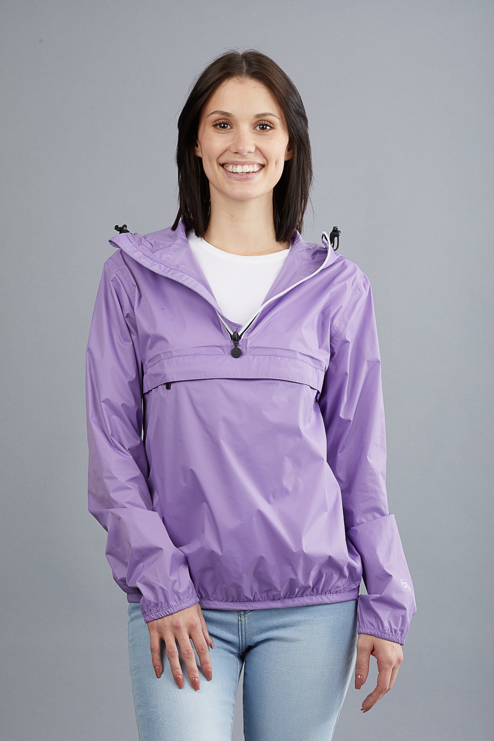 Light purple quarter zip packable rain jacket and windbreaker