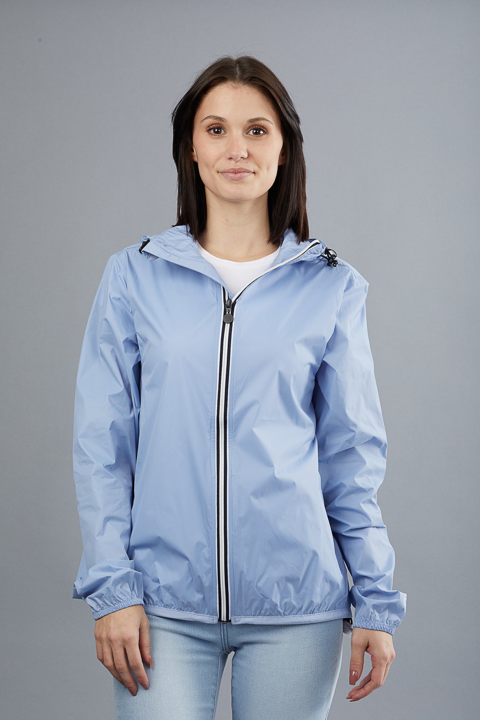 Powder blue full zip packable rain jacket and windbreaker