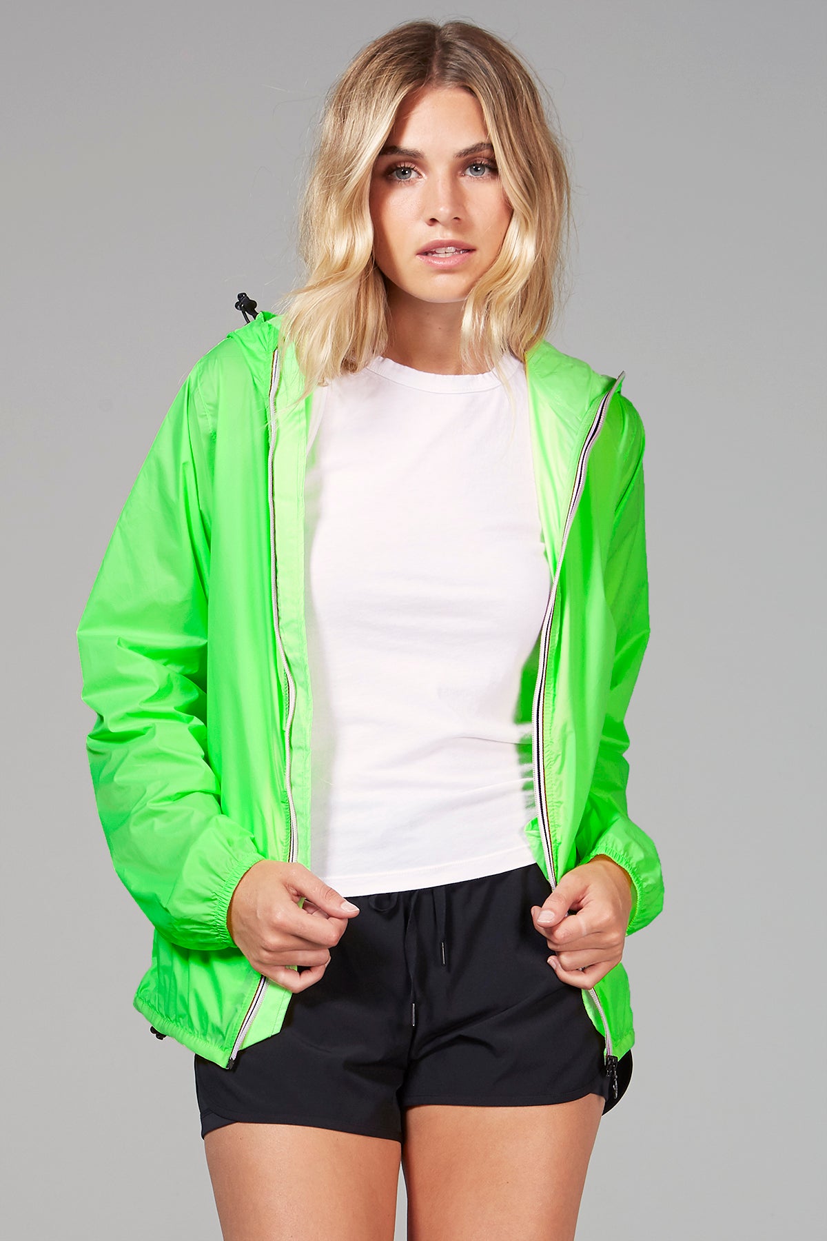 Green fluo full zip packable rain jacket and windbreaker - O8Lifestyle