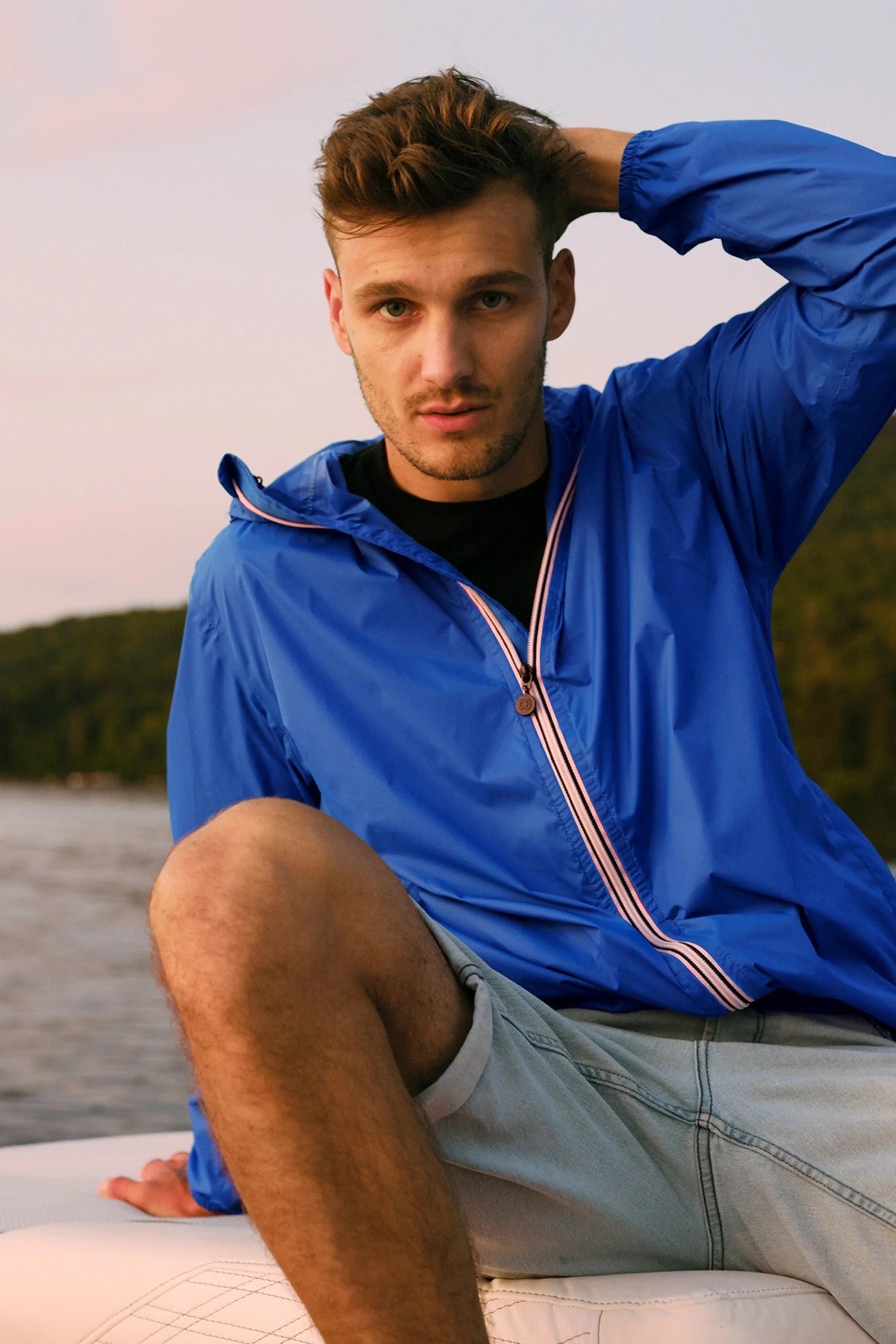 Men's royal blue full zip packable rain jacket and windbreaker - O8Lifestyle