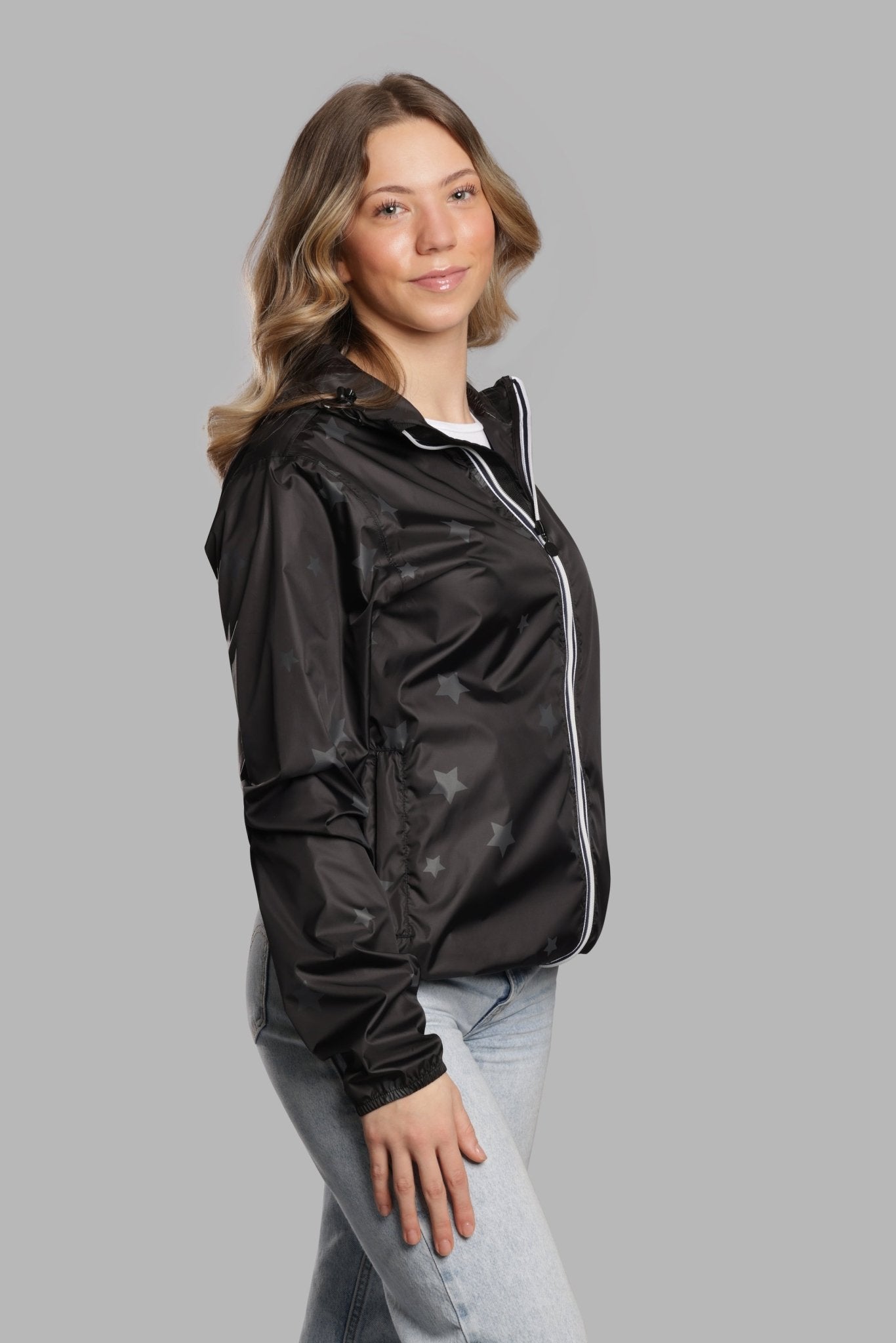 Women's gloss stars black full zip packable rain jacket and windbreaker - O8Lifestyle