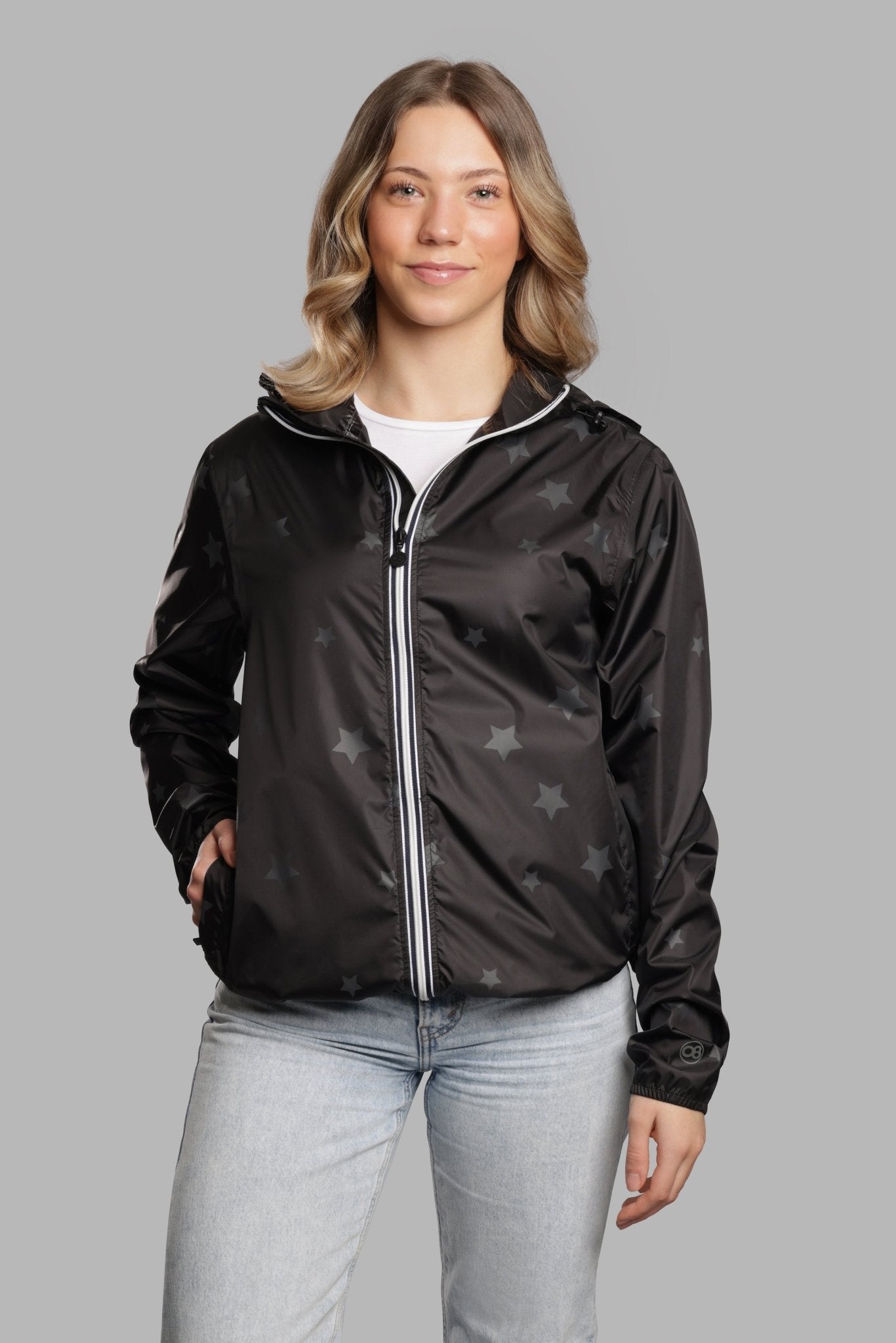 Women's gloss stars black full zip packable rain jacket and windbreaker - O8Lifestyle