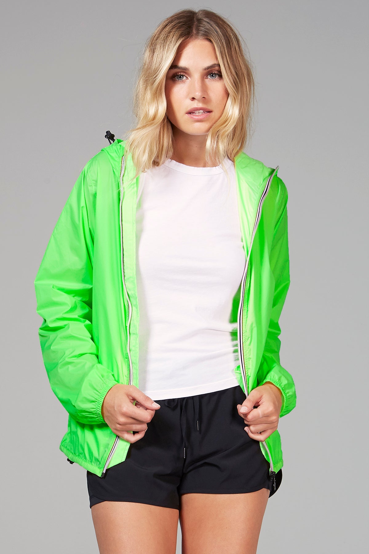 Women's Green fluo full zip packable rain jacket and windbreaker - O8Lifestyle