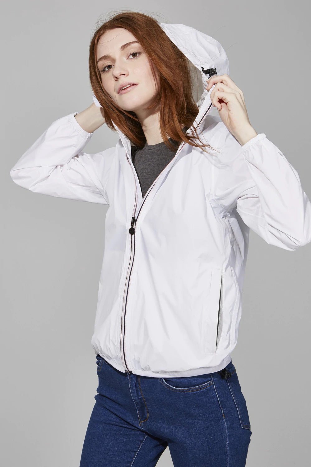 Women's White Full Zip Packable Rain Jacket and Windbreaker - O8Lifestyle