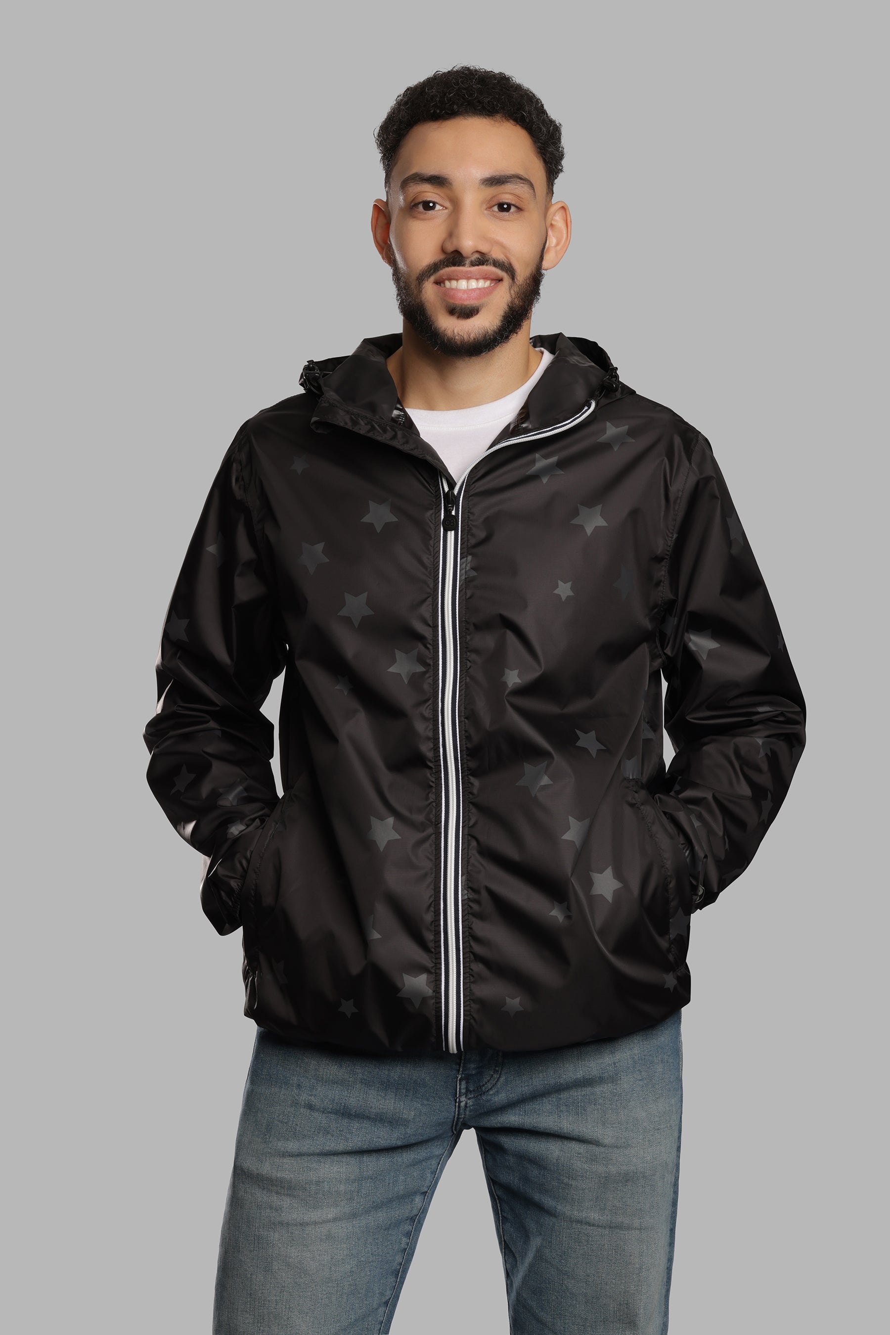 men gloss stars black full zip packable rain jacket - O8Lifestyle