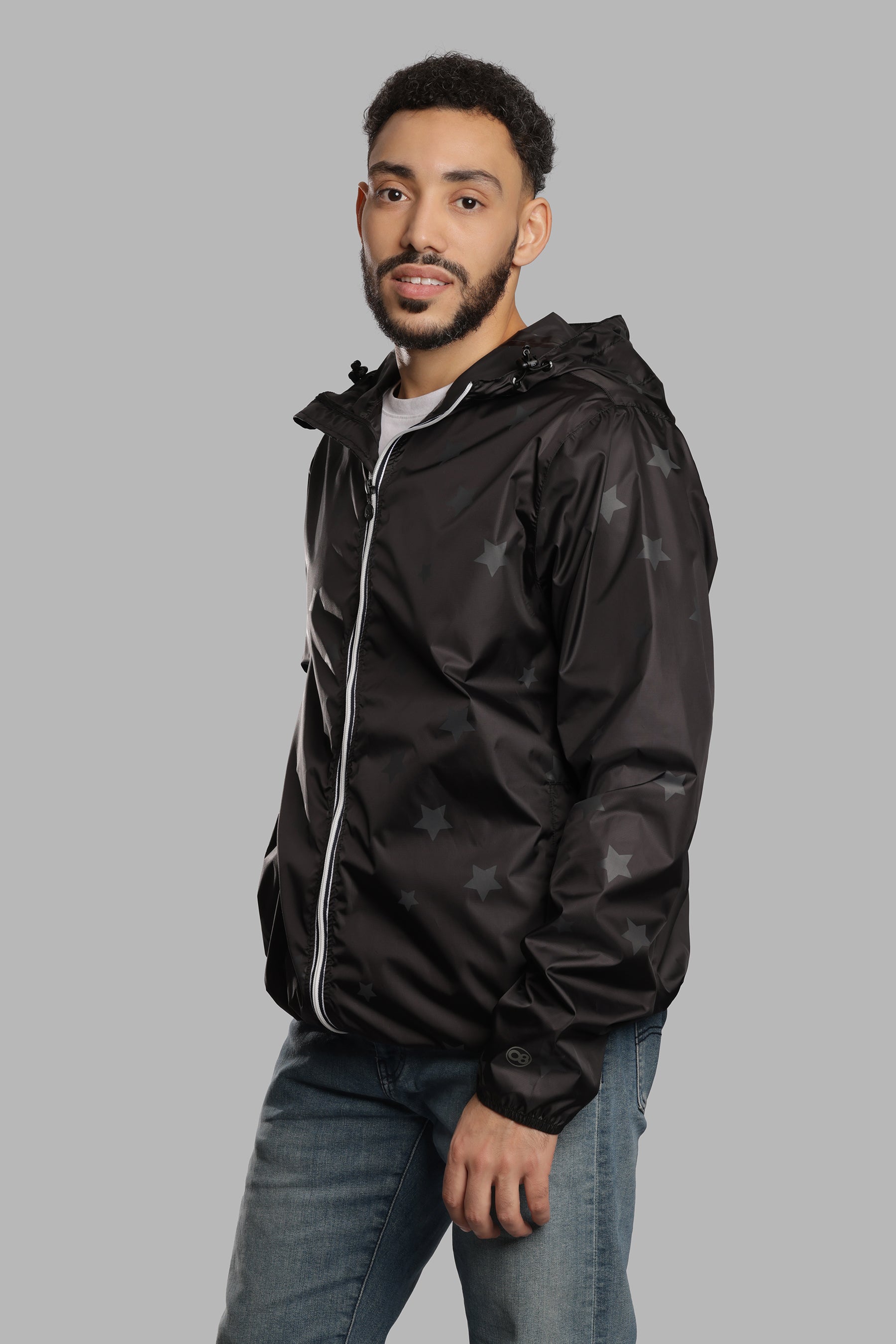 men gloss stars black full zip packable rain jacket - O8Lifestyle