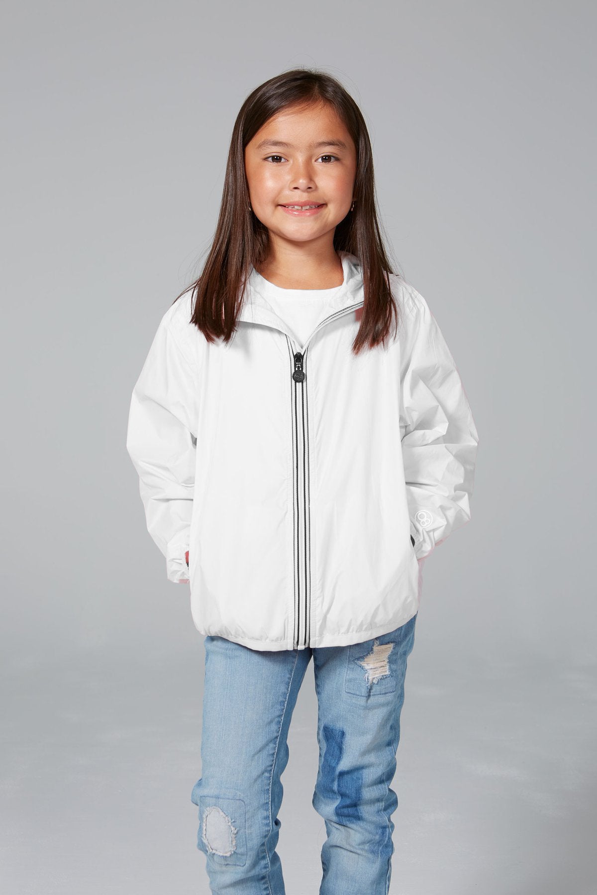 Sam - Kids White Full Zip Packable Rain Jacket - O8lifestyle