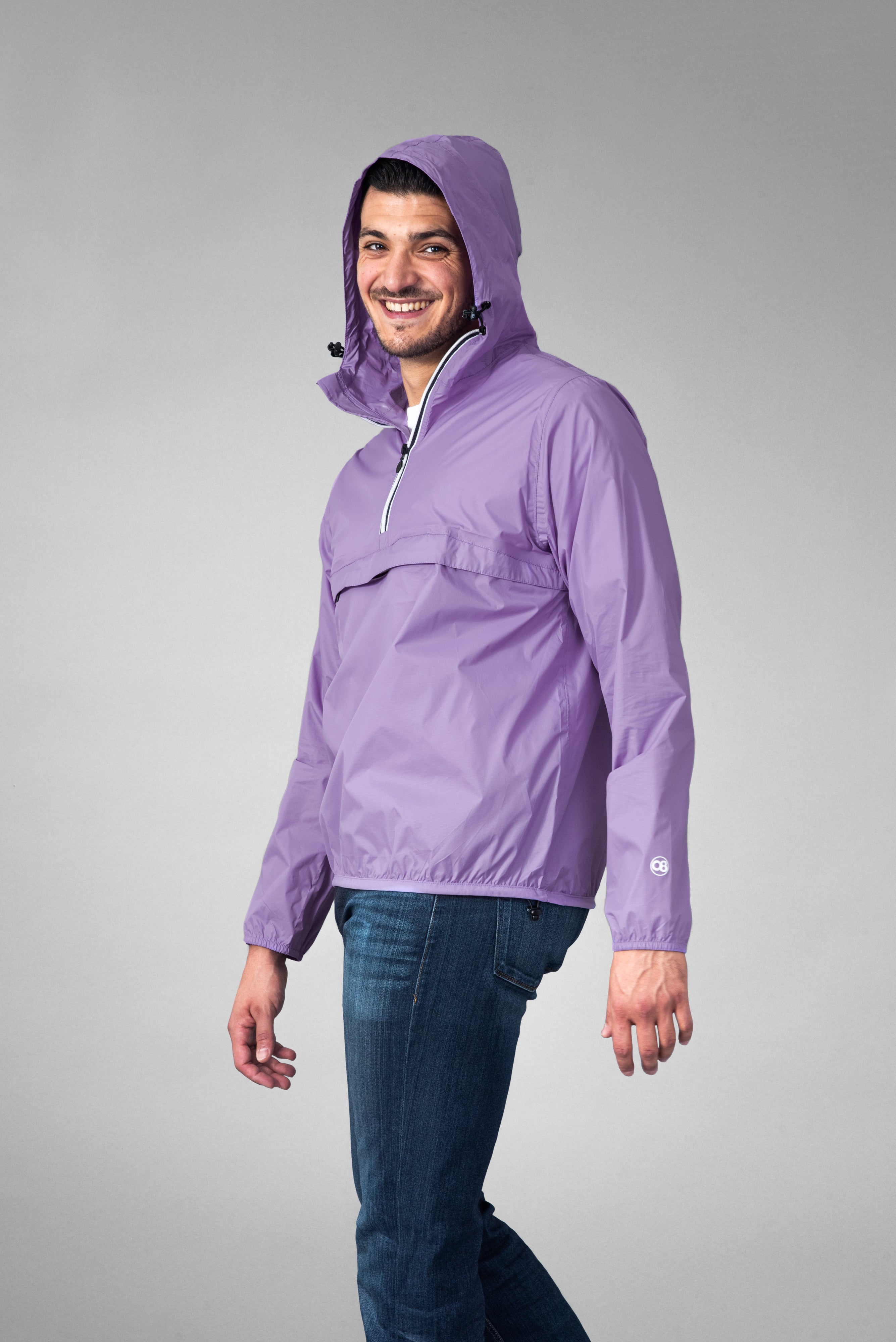 Light purple quarter zip packable rain jacket and windbreaker