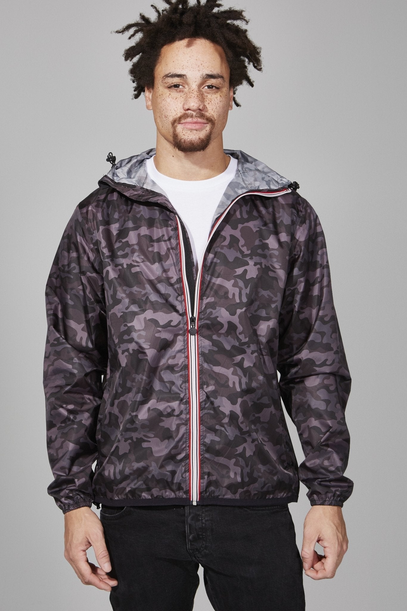 Black camo full zip packable rain jacket and windbreaker - O8Lifestyle